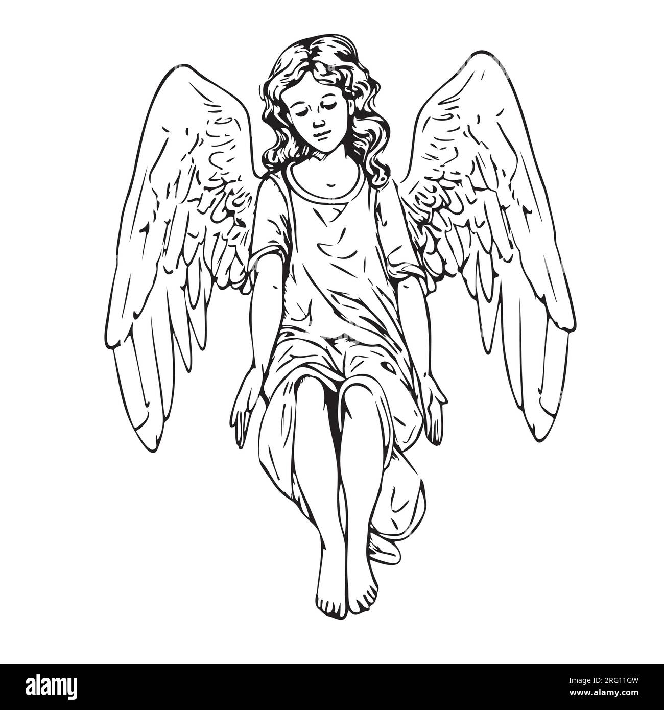 Süßes Mädchen mit Flügeln, das sich im Sitzen befindet und von Hand gemalt wurde, in Doodle-Style-Illustration Angel Stock Vektor