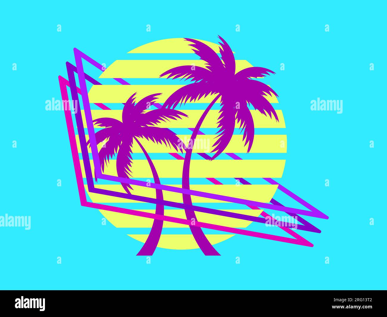 Palmen der 80er Jahre bei Sonnenuntergang. Sommerzeit. Futuristische Retro-Sonne. Synthwave- und retrowave-Stil. Design für Werbebroschüren, Banner und Poster. Vec Stock Vektor