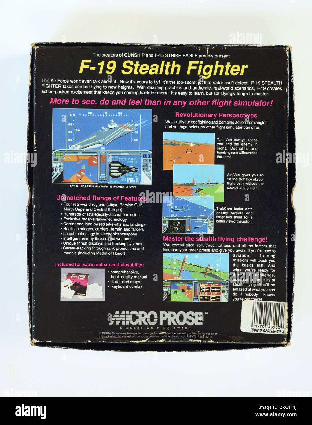 F-19 Stealth Fighter - Kampfflugsimulator; 1988 MS-DOS Computerspiel Cover Art und Verpackungsdesign. Stockfoto