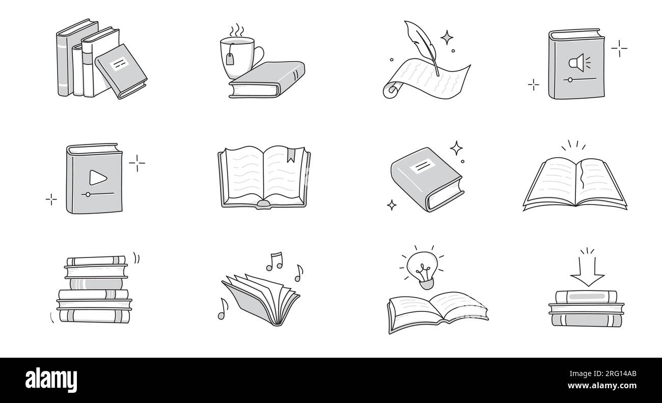 Symbolgruppe für Buchzeilen-Doodle. Handgezeichnete Skizzen, Zeichensymbole, Tagebuch. Offene Bibliothek, Lesen, Doodle-Konzept-Symbol für Schulbildung. Blaue Stiftlinie. Vektordarstellung. Stock Vektor