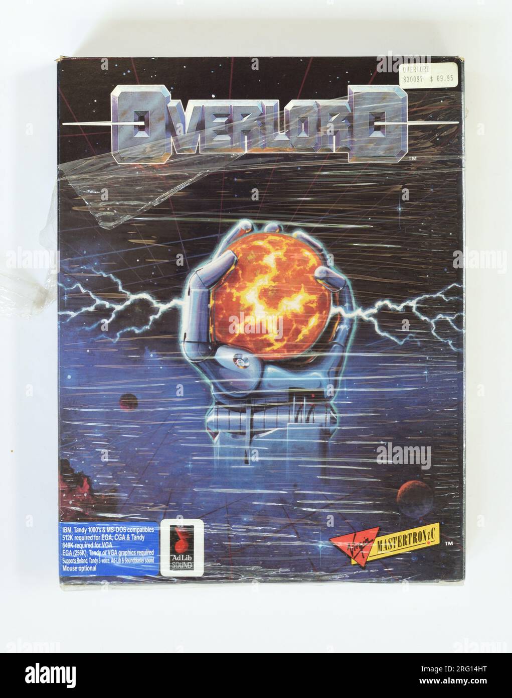 1980er-Gaming, Overlord, MS-DOS-Computerspiel, Titelbild einer Roboterhand, die die Sonne mit Blitzen hält. Stockfoto