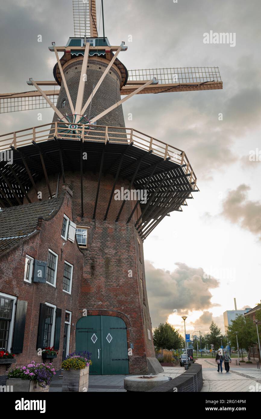 Historische Windmühle „The Rose“ im Stadtzentrum von Delft in den Niederlanden bei Sonnenuntergang. Stockfoto