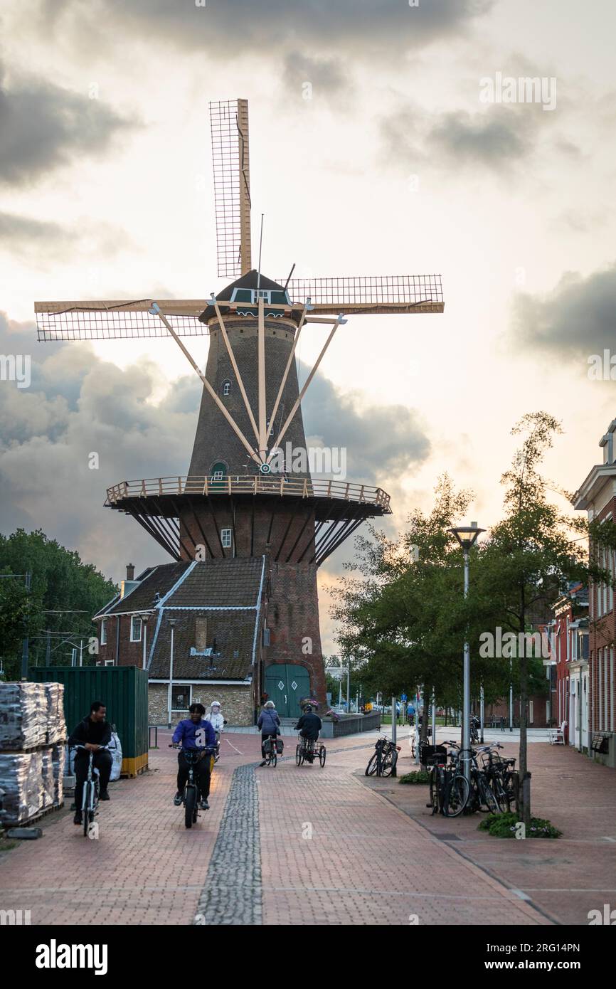 Historische Windmühle „The Rose“ im Stadtzentrum von Delft in den Niederlanden bei Sonnenuntergang. Stockfoto