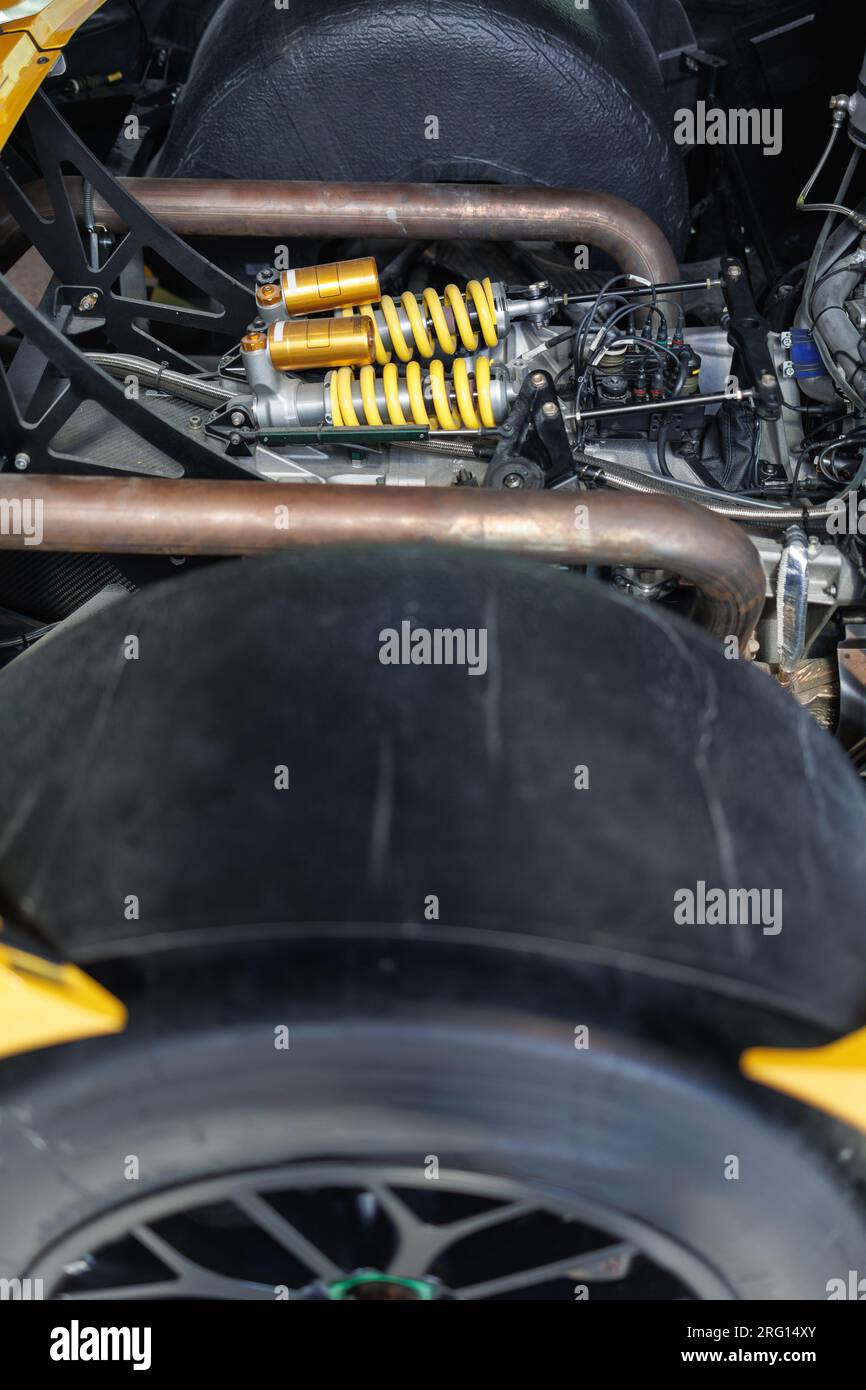 Nahaufnahme einer Grand Touring Competition Car Engine. Stockfoto