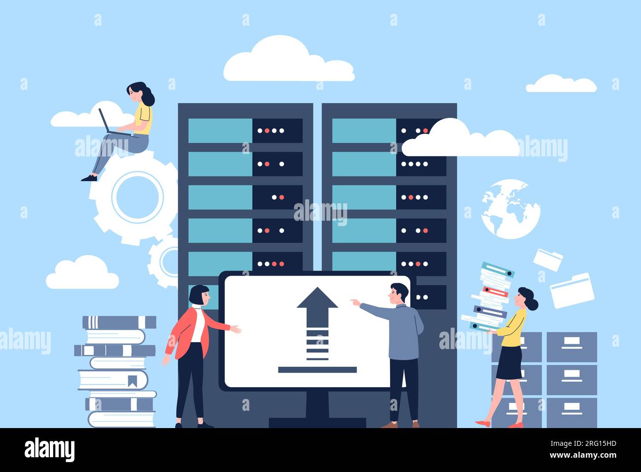 Cloud-Konzept für Rechenzentren. Hardware-Server, Cyber-Storage-Ingenieure und Programmierer. Administrator und Manager arbeiten mit Computern und neueren Vektorszenen Stock Vektor