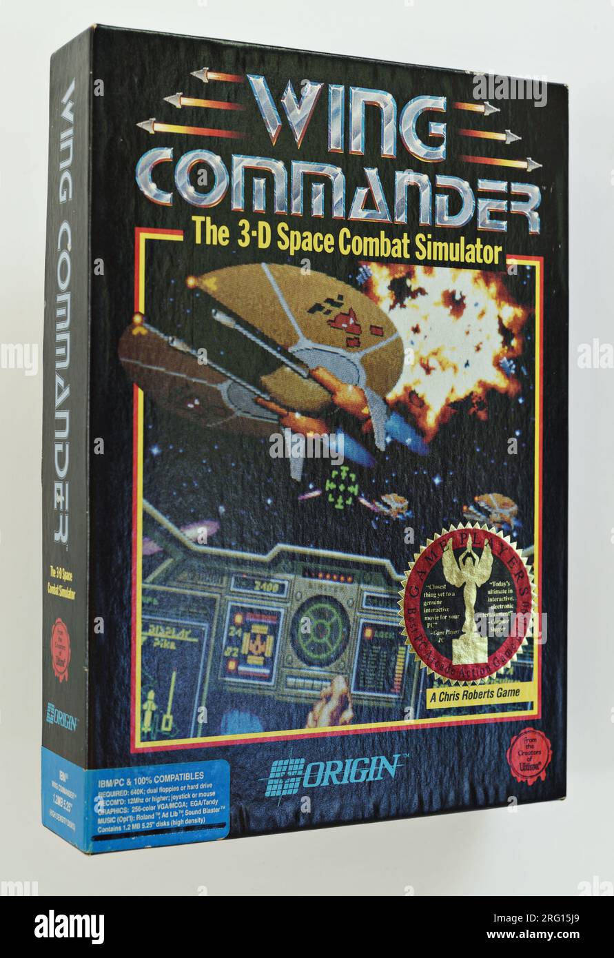 Wing Commander, der 3-D Space Combat Simulator – Front Box Art, Science-Fiction-Raumflugsimulation 1990 MS-DOS-Computerspiel, für IBM und PC Stockfoto