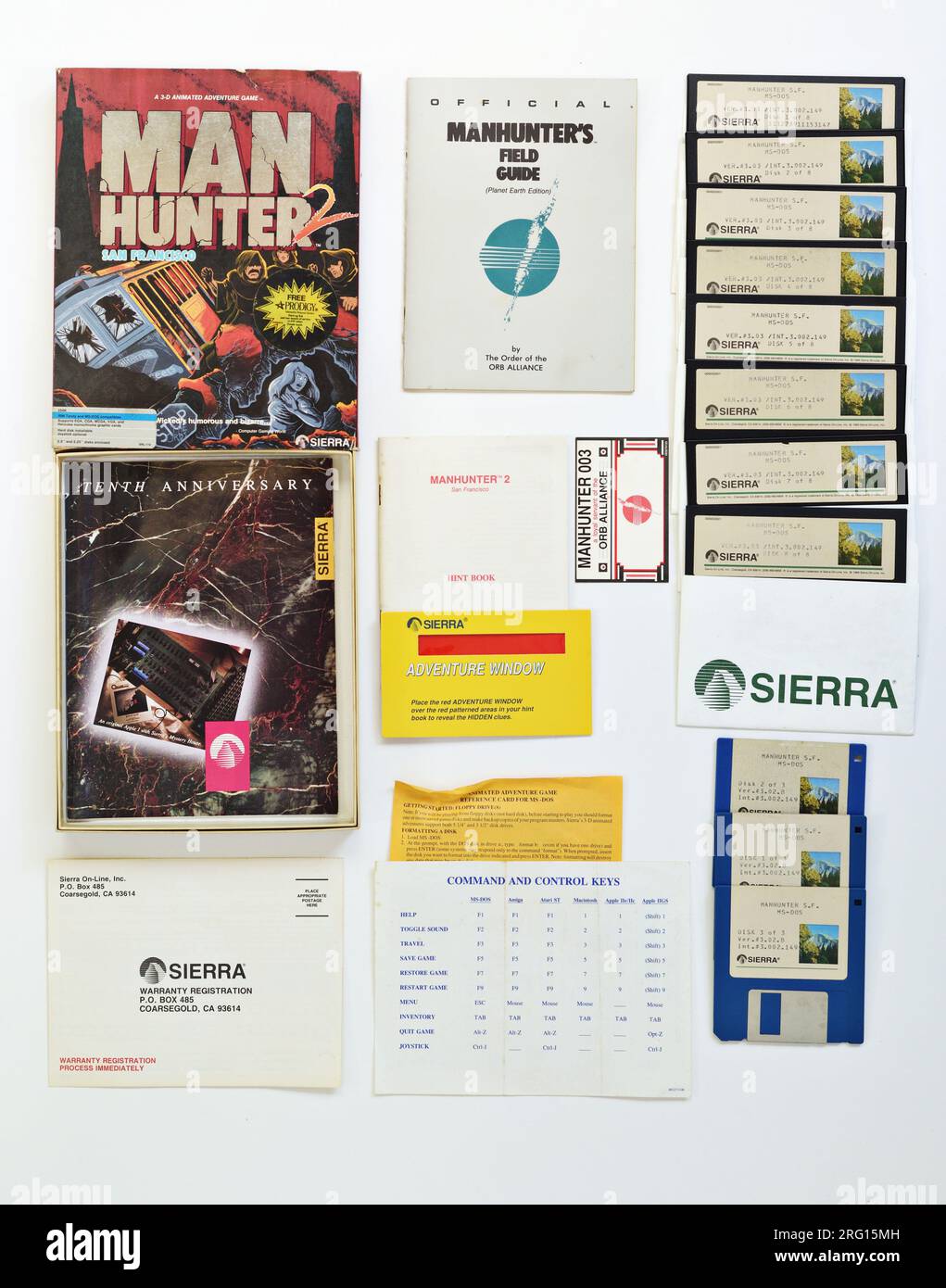 Man Hunter 2; 1989-Karton, Titelbild, offener Kartoninhalt in flacher Form, Computerdisketten, Schutzhülle, Broschüren. MS-DOS-Computerspiel. Stockfoto