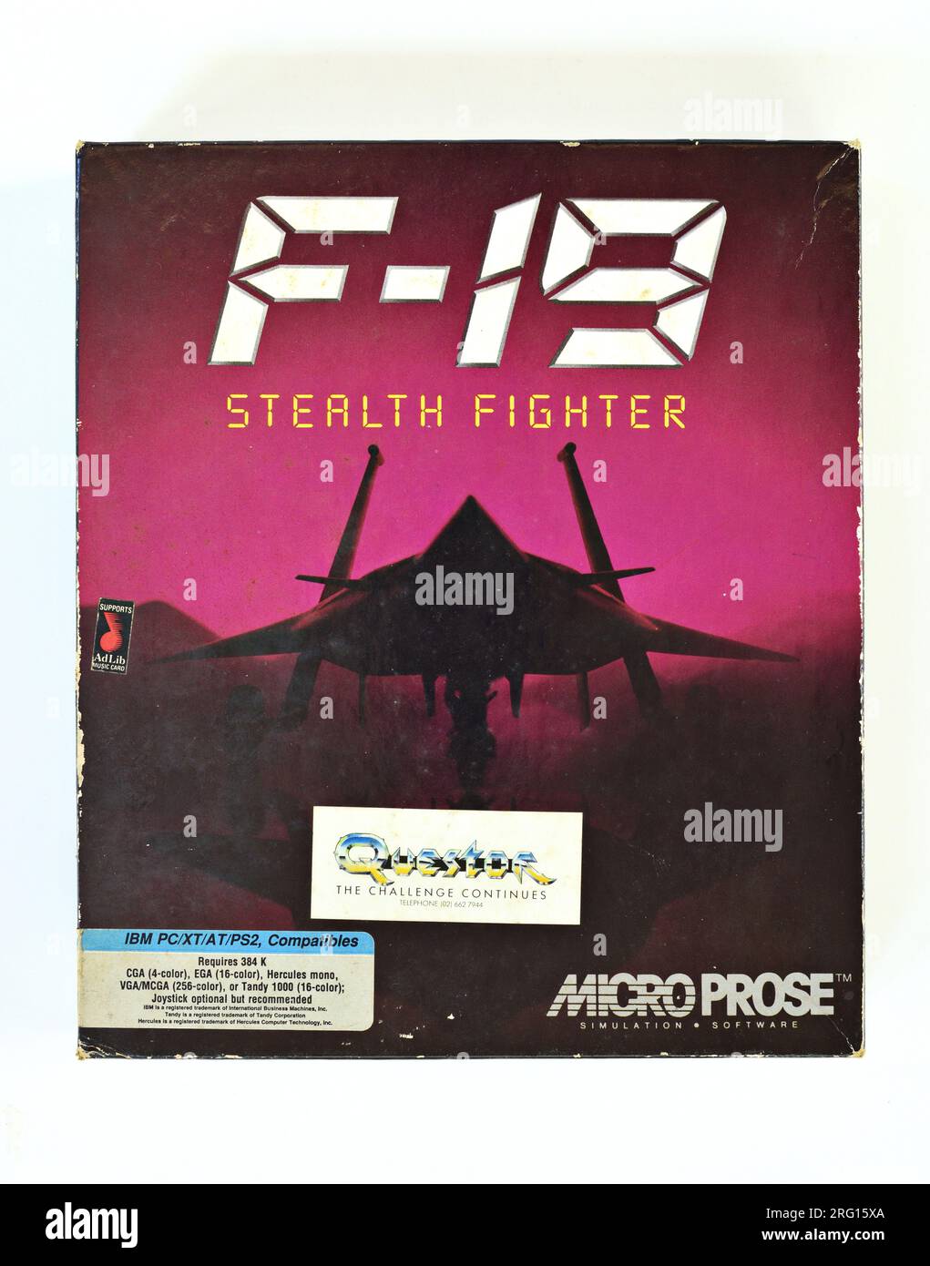 1988 MS-DOS Computerspiel F-19 Stealth Fighter - Kampfflugsimulator; Cover-Kunst und Verpackungsdesign. Für IBM und PC Stockfoto