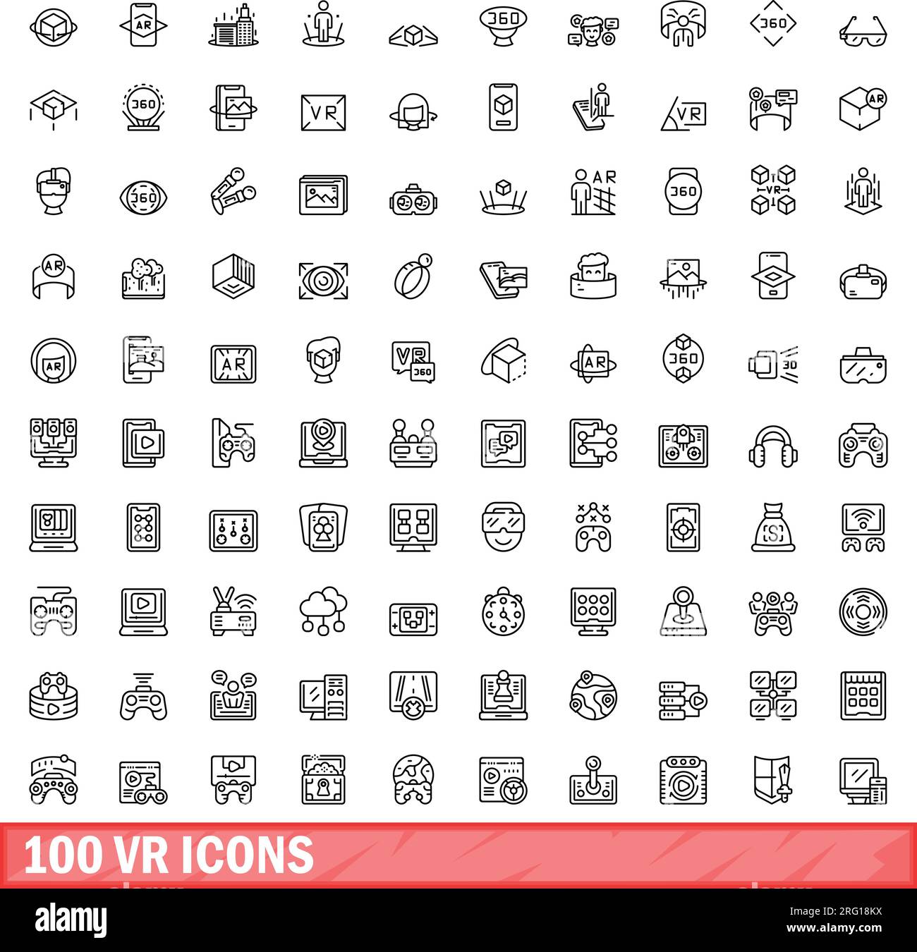 100 vr-Symbole eingestellt. Umrissdarstellung der 100-vr-Symbole Vektorsatz isoliert auf weißem Hintergrund Stock Vektor
