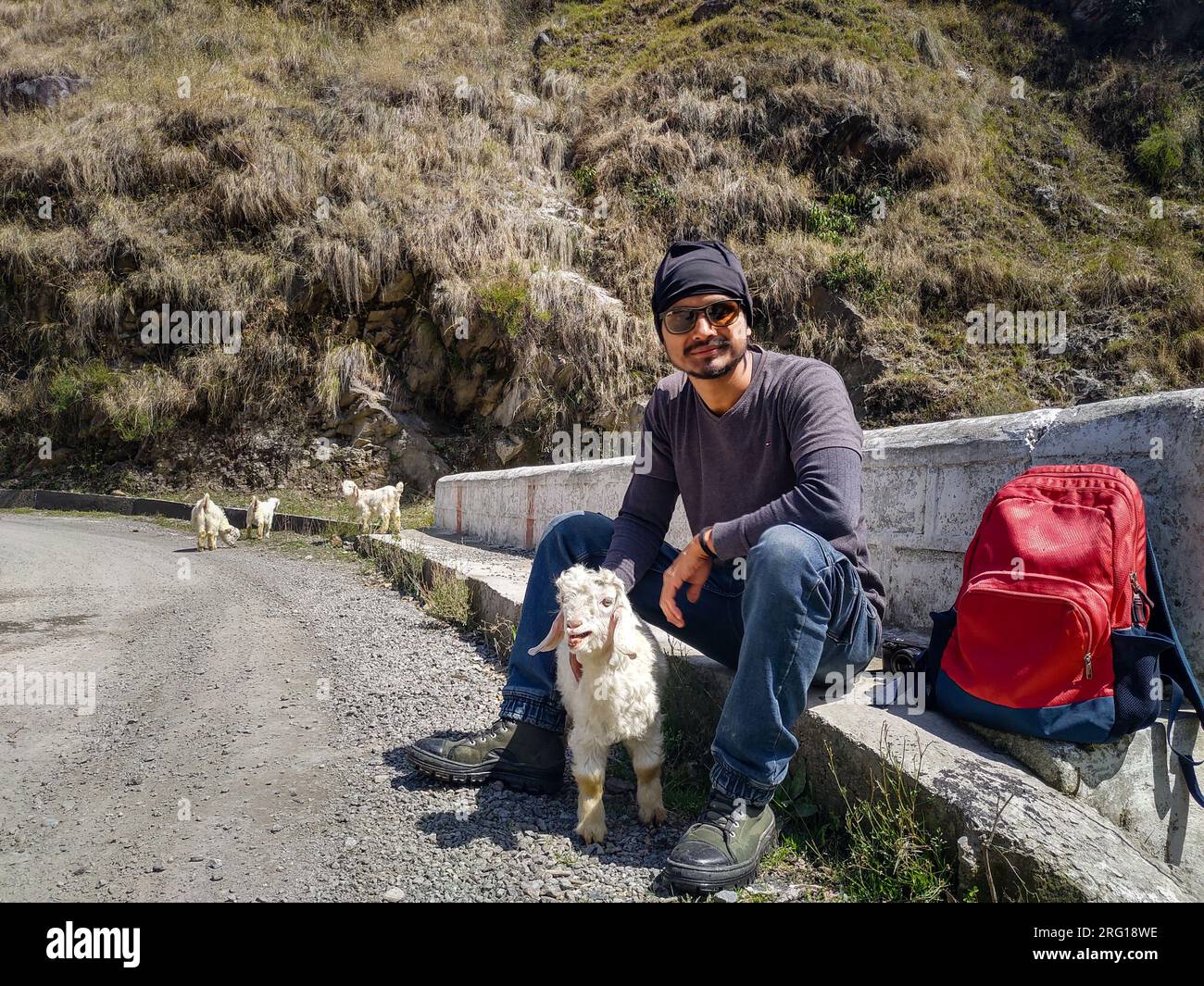 Oktober 14. 2022, Uttarakhand Indien. Abenteuerlustiger Alleinreisender mit niedlichem Ziegenbegleiter am Straßenrand von Uttarakhand. Unvergessliche Reisemomente Stockfoto