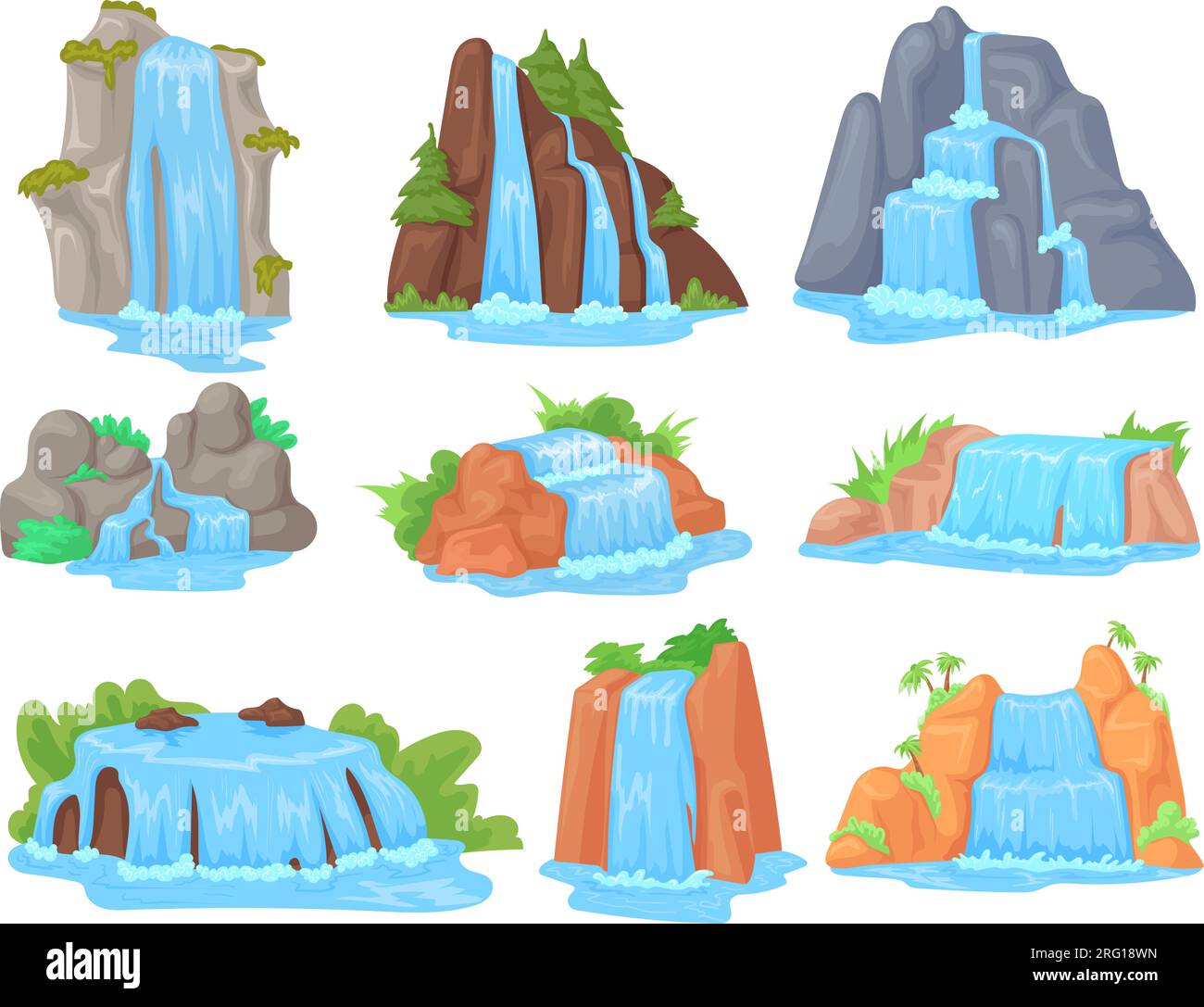 Cartoon-Wasserfälle. Natürlicher, landschaftlich reizvoller Wasserfall mit Wasserströmen von Klippen oder Bergflusskaskaden für Urlaubsreisen im tropischen Dschungel, Vektordarstellung der Wasserfalllandschaft Stock Vektor