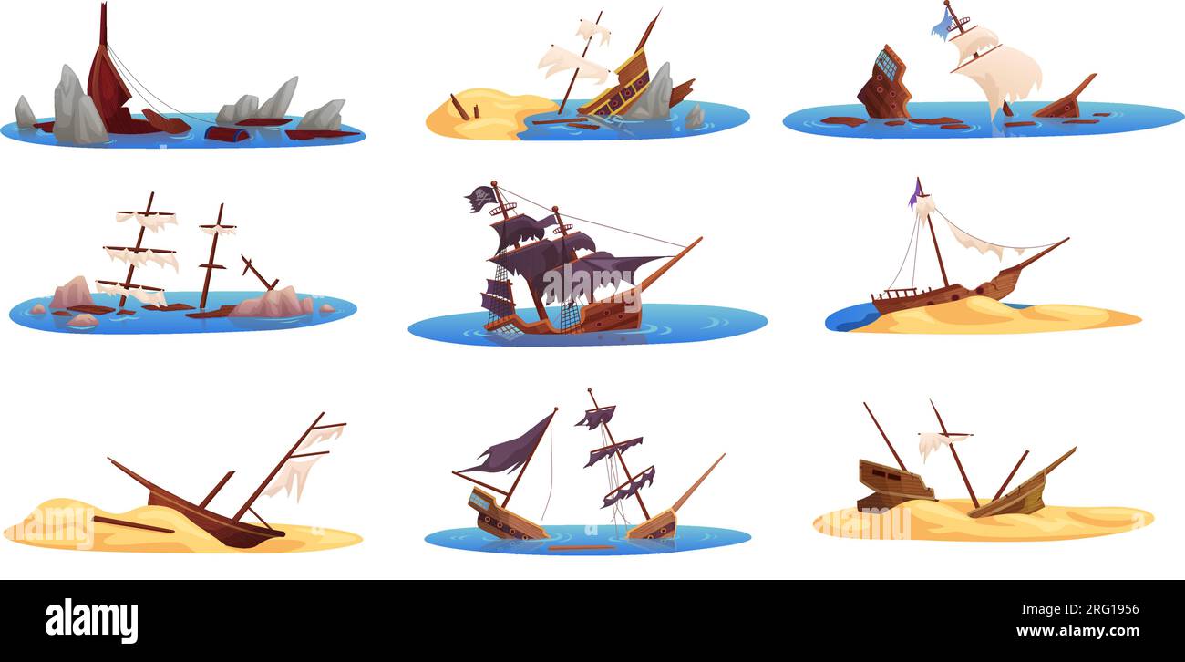 Kaputte Schiffe. Schiffswrack in der karibik, Schiffswracks in der Wüstenlandschaft der Insel, Versinken Brigantine oder Piratenschlachtschiff in Unterwasser geniale Vektordarstellung von Schiffswrack zerbrochen Stock Vektor