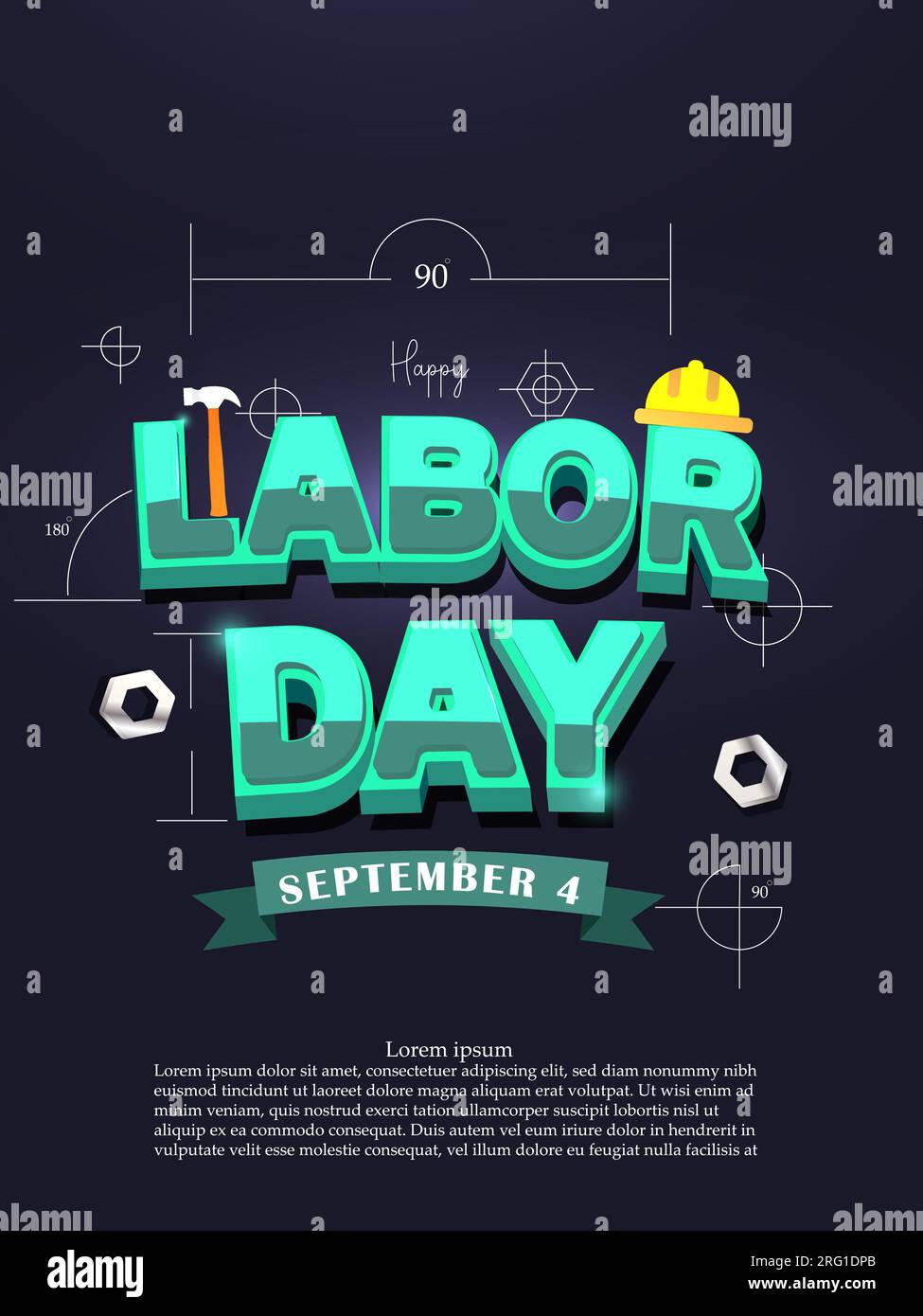 Happy Labor Day 4. September – Festungskonzept. 3D-Poster mit blauem Text zum Labor Day und Banner mit Vektordarstellung des Vorlagendesigns. Stock Vektor