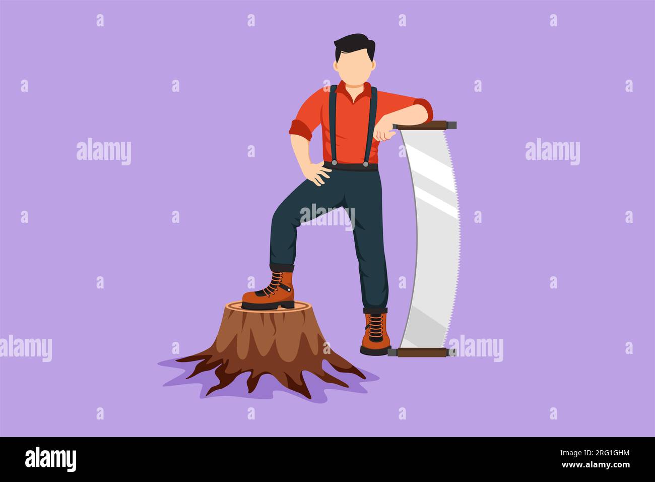 Flacher Zeichentrickfilm mit lächelndem Holzfäller, der ein Strapshemd trägt, mit einer Stahlsäge steht, mit einem Fuß auf dem Baumstumpf posiert. Aktives Mal Stockfoto