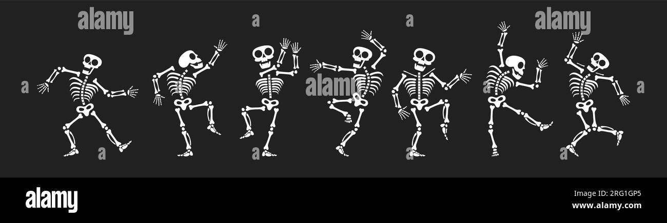 Skelette tanzen mit verschiedenen Positionen flaches Design Vektorbildungs-Set. Lustiger Tanz Halloween oder Day of the Dead Skeletons Sammlung. Stock Vektor