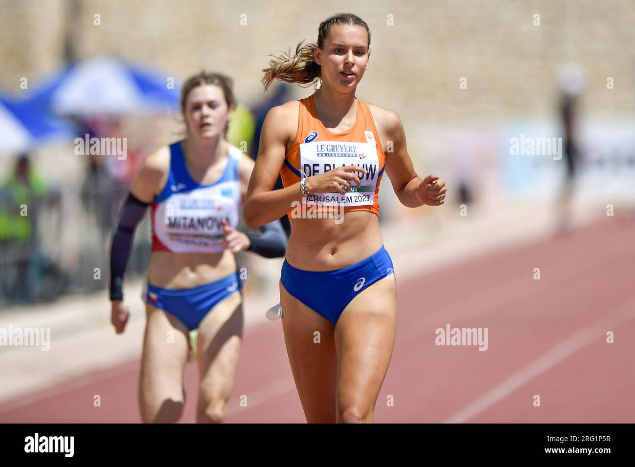 Jerusalem, Israel. 07. Aug. 2023. JERUSALEM, ISRAEL - AUGUST 7: Britt de Blaauw der Niederlande während der 400m. Frauenrunde 1 am 1. Tag der Europameisterschaft U20 in Jerusalem am 7. August 2023. (Foto: Pablo Morano/BSR Agency) Kredit: BSR Agency/Alamy Live News Stockfoto