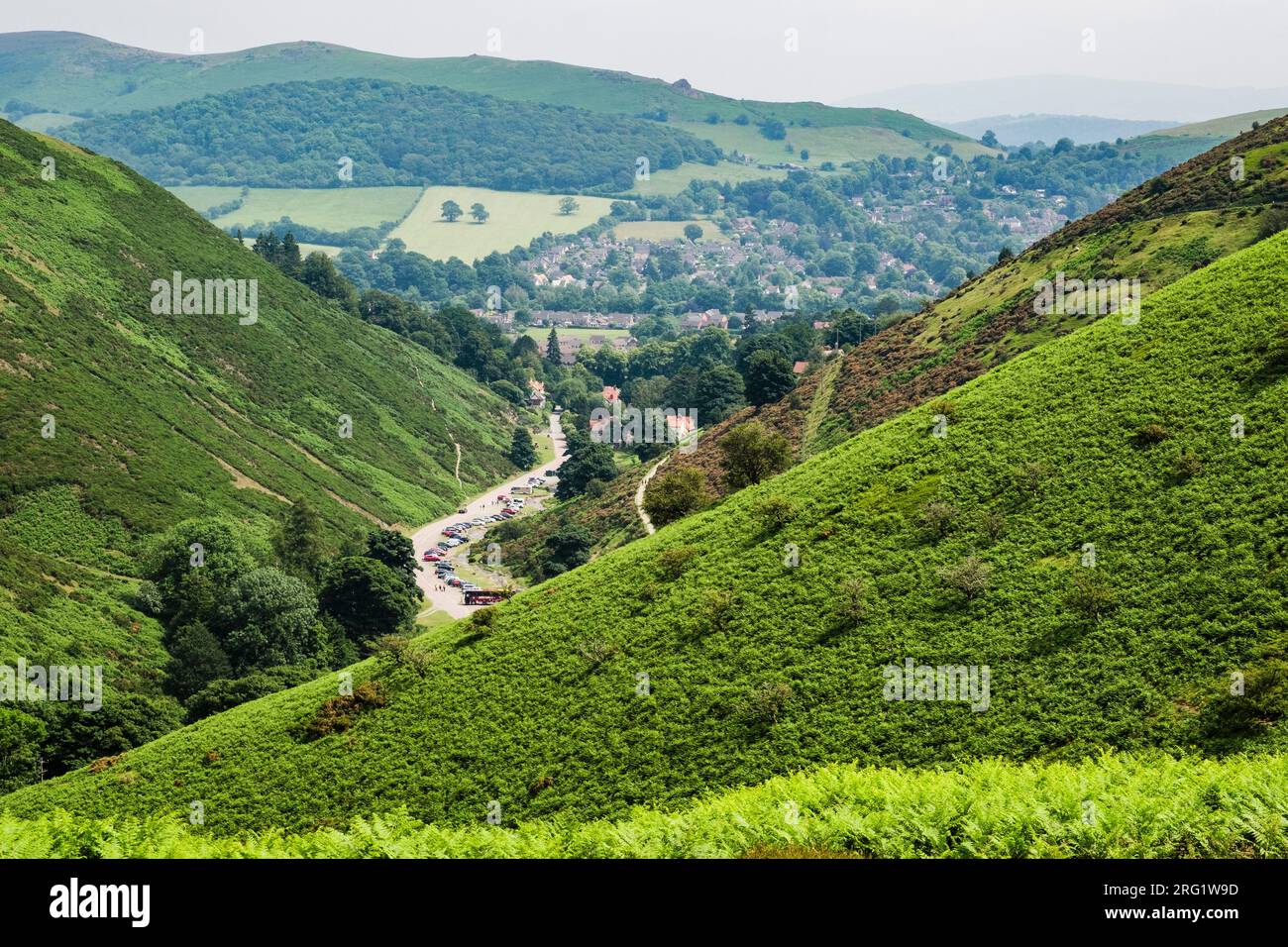 Bracken bedeckte Hügel auf Long Mynd über dem Carding Mill Valley mit Church Stretton dahinter. Shropshire, England, Großbritannien, Großbritannien Stockfoto