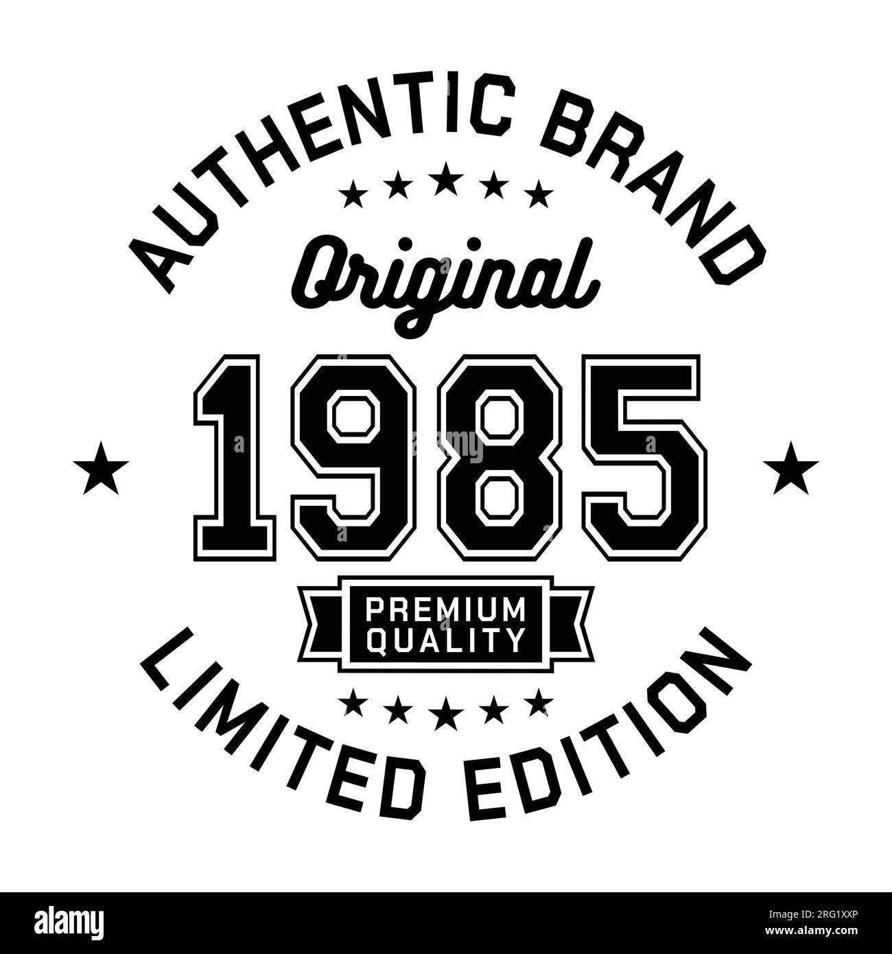 1985 authentische Marke. Modisches Bekleidungsdesign. Grafikdesign für T-Shirt. Vektor und Illustration. Stock Vektor