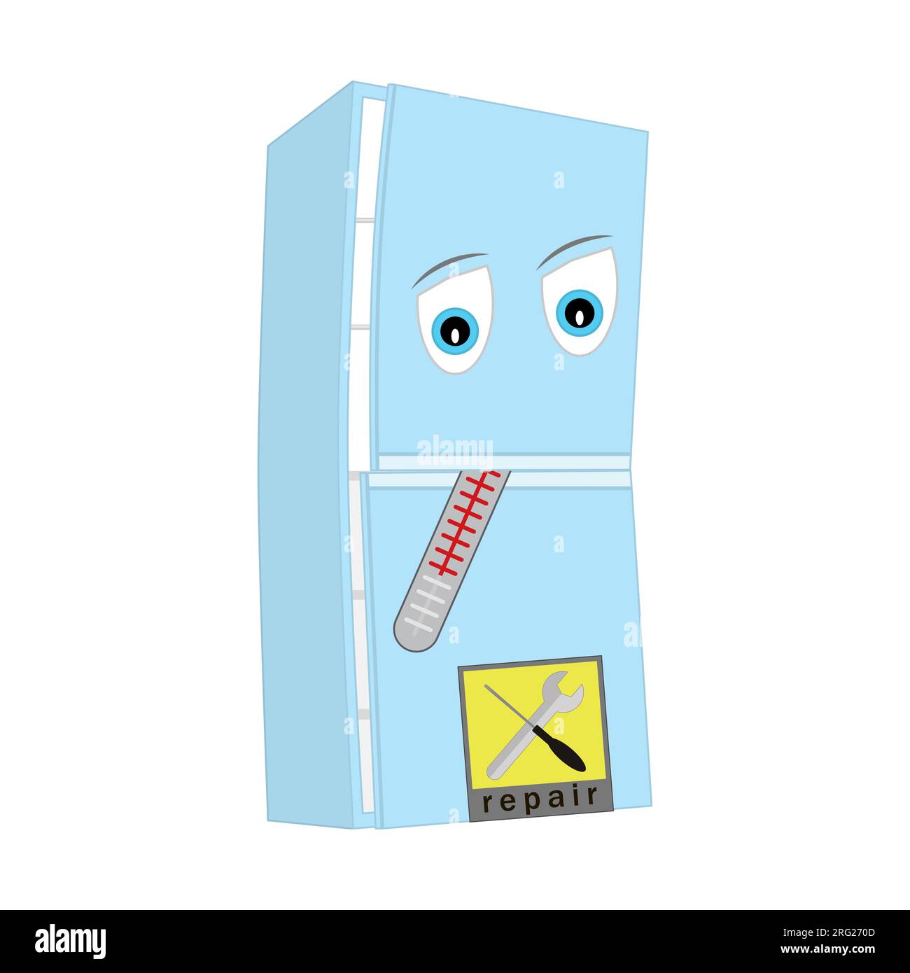 Ein kaputter Kühlschrank, der repariert werden muss. Mit einem Thermometer im Mund. Schild mit Textreparatur. Zeichentrickfigur auf weißem Hintergrund. Stock Vektor