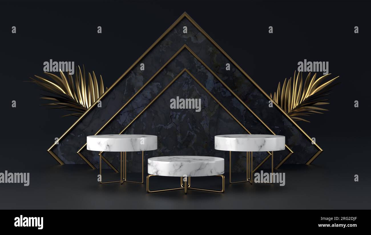 Minimalistischer Luxus, weißes Marmorpodium und goldene Blätter auf schwarzem Hintergrund. Concept Display Scene Stage Platform zeigt das Banner für den Produktverkauf. Stockfoto