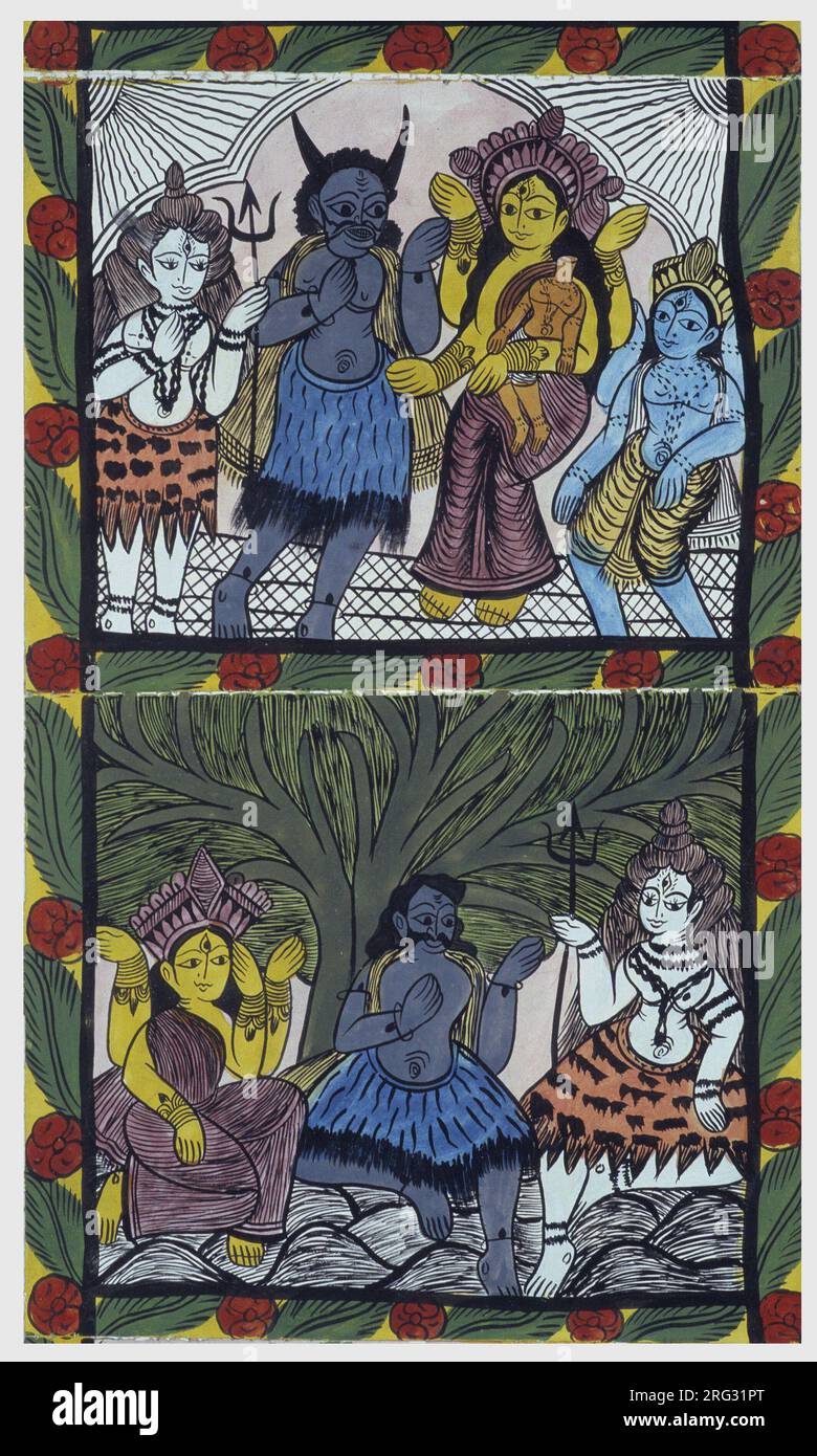 Shiva redonne vie a Ganesha (Ganesh ou Ganapati), dans les bras de sa mere Parvati, apres lui avoir Coupe la tete dans un acces de Colere. Pat: rouleau peint de la Region du Bengale, Servant de Support narratif aux musiciens Baoul ( ou baul). Kollektion Stockfoto Shiva redonne vie a Ganesha (Ganesh ou Ganapati), dans les bras de sa mere Parvati, apres lui avoir Coupe la tete dans un acces de Colere. Pat: rouleau peint de la Region du Bengale, Servant de Support narratif aux musiciens Baoul ( ou baul). Kollektion Stockfoto