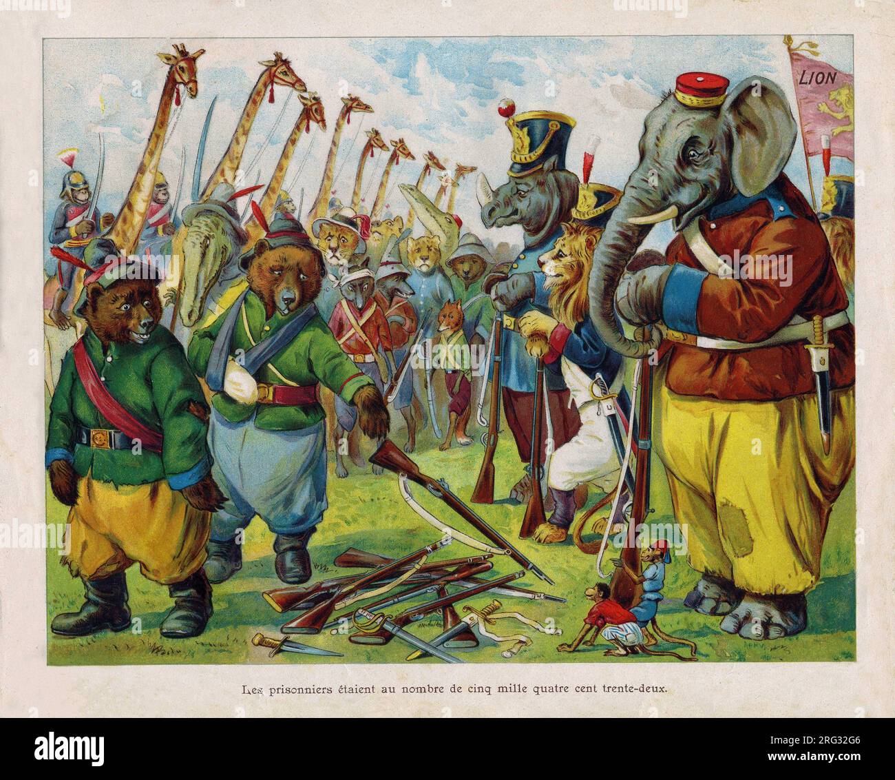 Les ennemis de Lion XV se rendent apres avoir perdus la guerre, in 'La Guerre des animaux', texte de J. Jacquin et Illustrations de C. H. Thompson. Livre pour enfants, Ed Hachette & Cie, Paris, Umgebung 1905. Stockfoto
