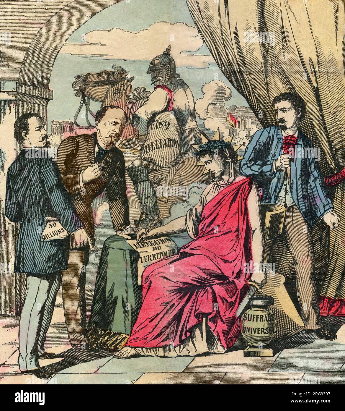 Le Traite de Francfort signe le 10 Mai 1871 met fin a la guerre franco-allemande, apres des negociations entre Adolphe Thiers et Otto von Bismarck : la France doit Ceder l'Alsace et une partie de la Lorraine, et payer 5 Milliards de Francs. Gravure, in "Le Figaro, Supplement", le 30031889. Stockfoto