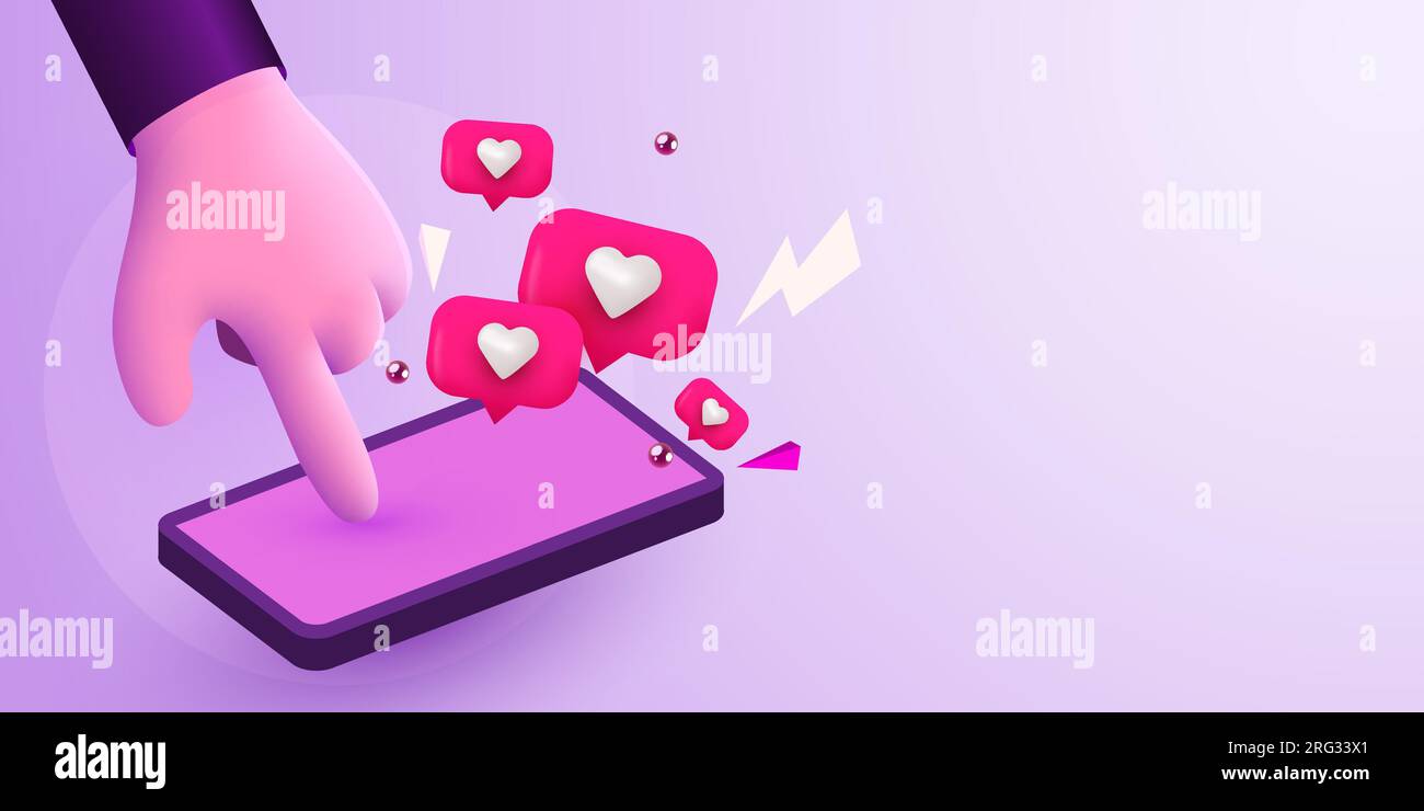 Niedlicher Cartoon Hand-Touch-Smartphone mit „Gefällt mir“-Benachrichtigungssymbolen. Social Media- und Marketingkonzept. Vektordarstellung Stock Vektor