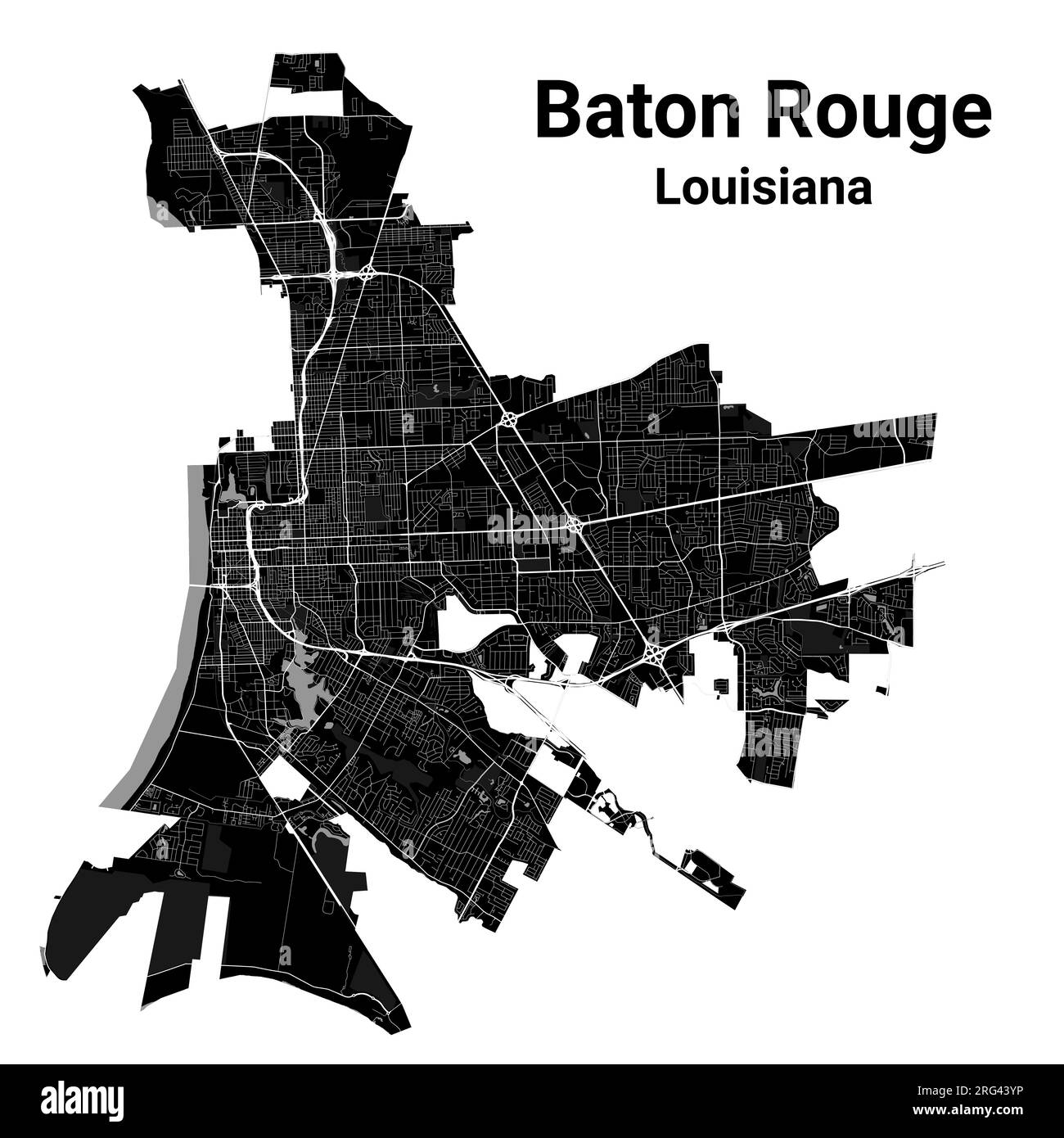 Stadtplan von Baton Rouge, Hauptstadt des US-Bundesstaats Louisiana. Kommunale Verwaltungsgrenzen, Schwarzweißkarte mit Flüssen und Straßen, Parks A Stock Vektor