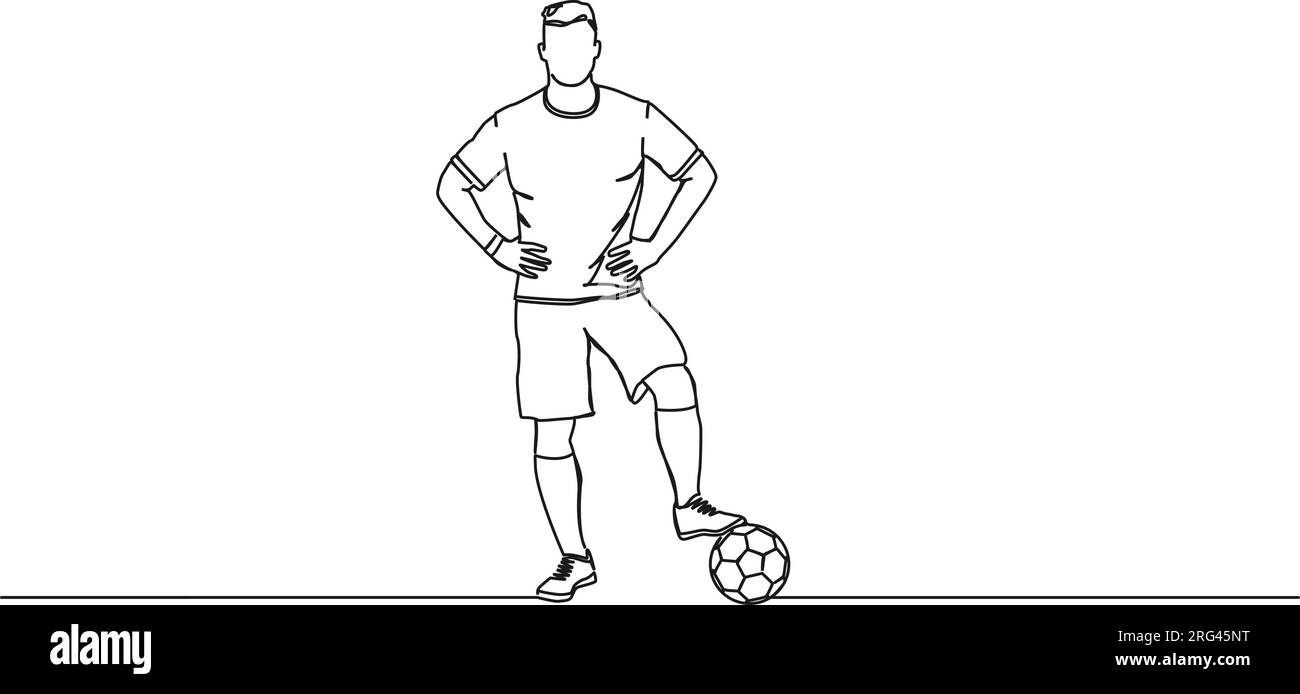 Ununterbrochene einzeilige Zeichnung eines Fußballspielers mit Fuß auf dem Ball, Strichgrafiken-Vektordarstellung Stock Vektor