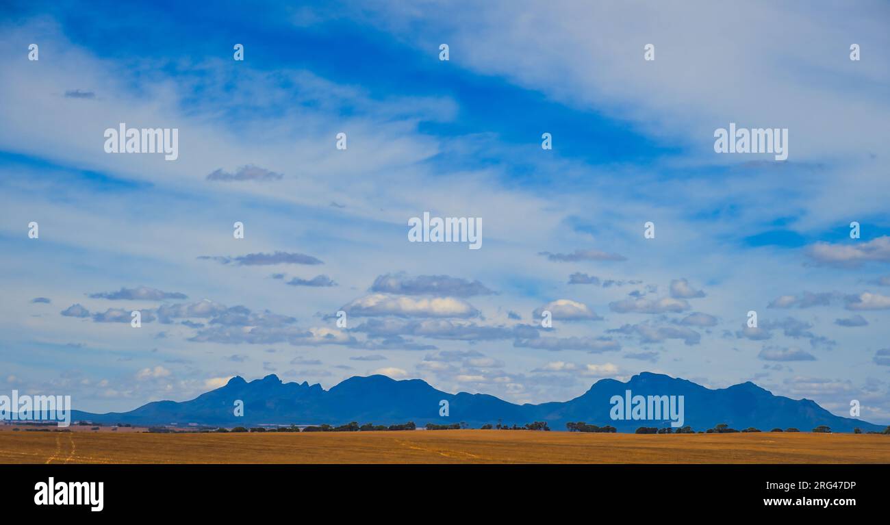 Panoramablick auf dunkle Berge, die sich von einer flachen landwirtschaftlichen Ebene unter blauem Himmel mit freundlichen Wolken erheben. Stirling Range, Westaustralien Stockfoto