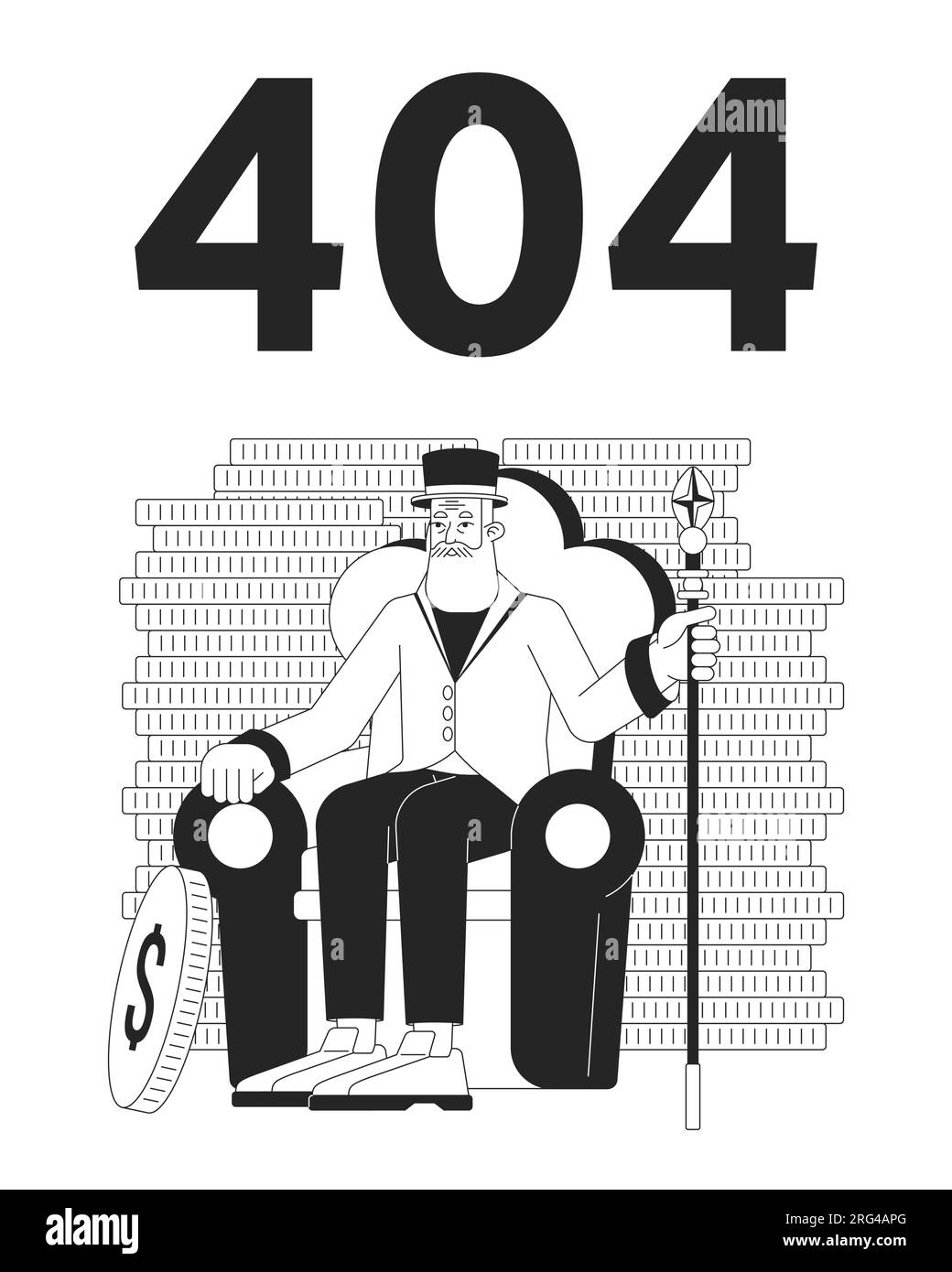 Bärtiger alter Geschäftsmann unter Münzen Schwarzweiß Fehler 404 Flash-Nachricht Stock Vektor