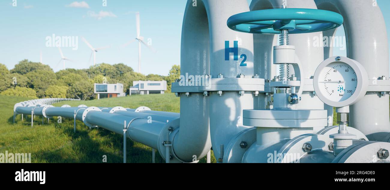 Eine Wasserstoffleitung zu Häusern, die den Wandel des Energiesektors hin zu sauberen, CO2-neutralen, sicheren und unabhängigen Energiequellen veranschaulicht Stockfoto
