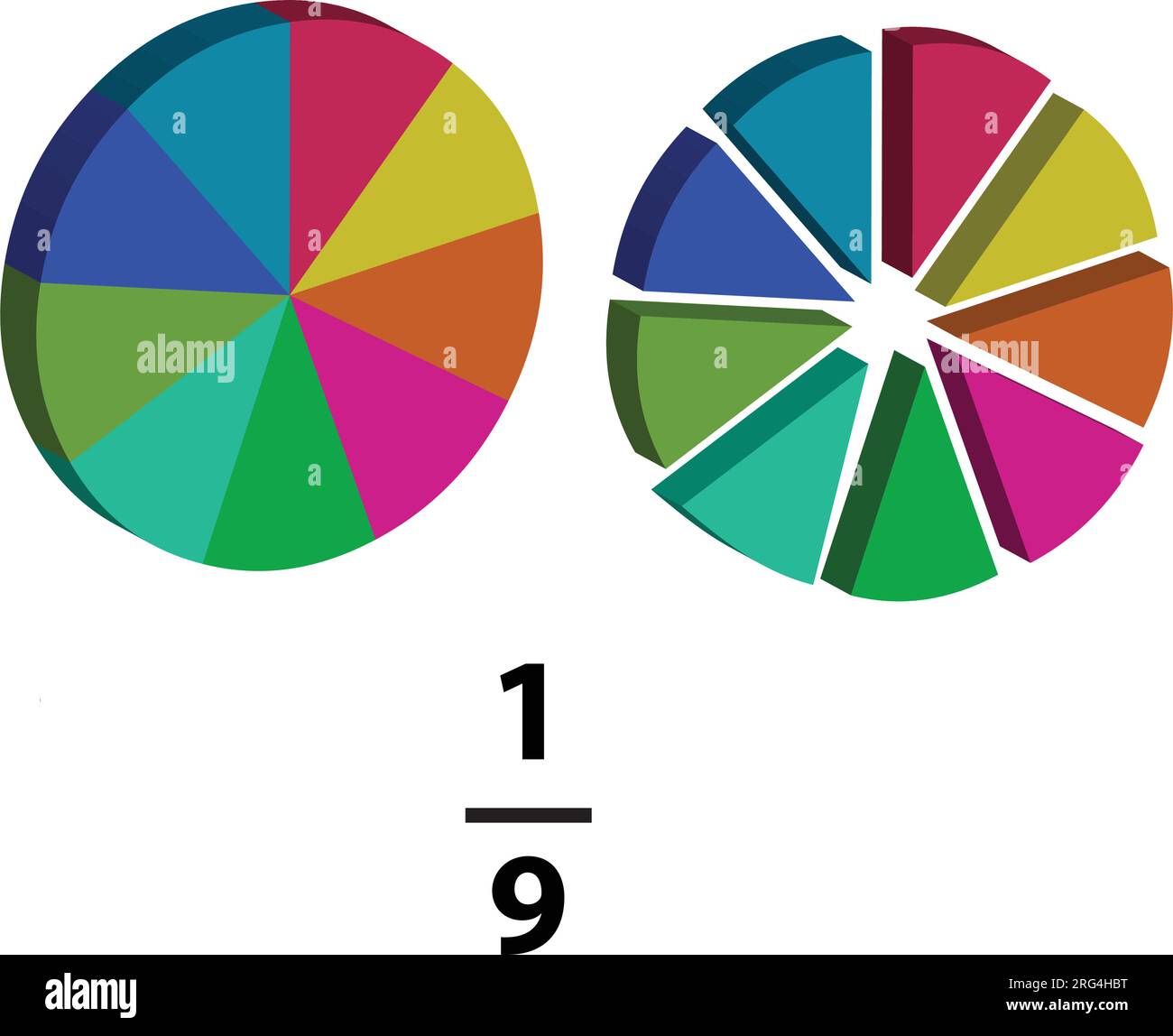 Ein Bruchkuchen ist in ein bis neun Abschnitte unterteilt, von denen jedes mathematische Bruchteile enthält, die in Mathematik erläutert werden. Dargestellt als 3D Infografik-Symbole auf einem weißen BA. Stock Vektor