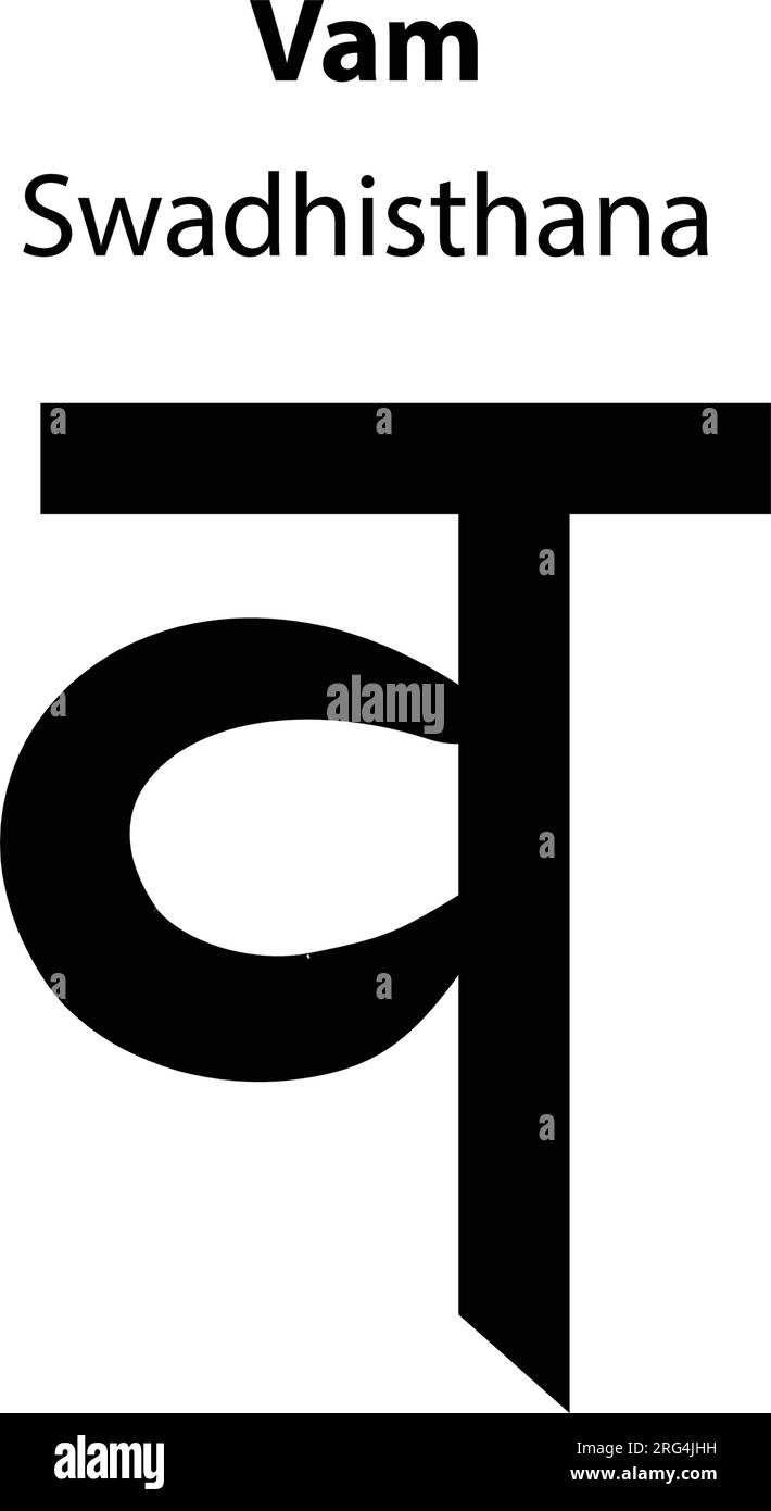 VAM-Yoga-Symbole. Hindi-Literatur und Schriften. Solide Charakterdarstellung von Hinduismus und Buddhismus. Yoga-Symbole sind auf Weiß isoliert. Stock Vektor