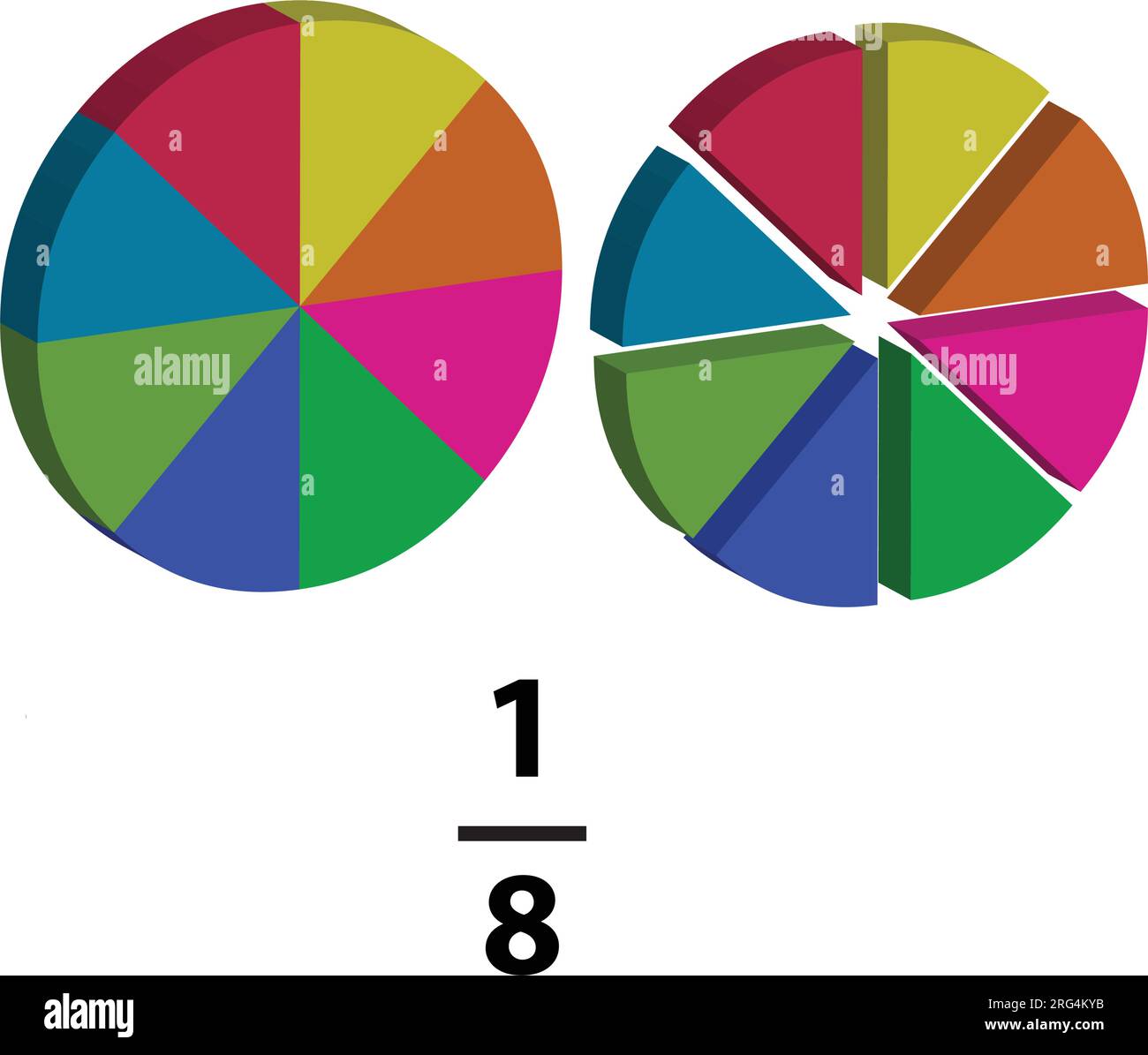 Ein Bruchkuchen wird in ein Achtel unterteilt, wobei jedes Stück mathematische Bruchteile enthält, die in Mathematik erläutert werden. Auf weißem Hintergrund. Stock Vektor