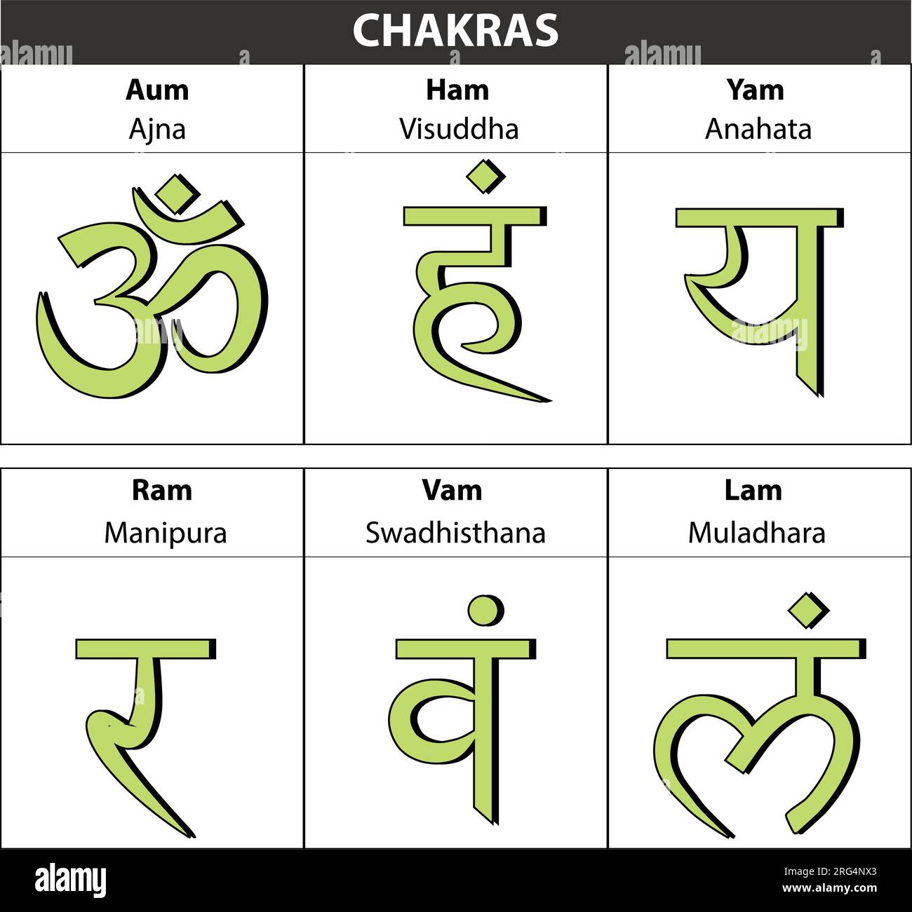 Chakren. Hindi solides Charakterbild des Hinduismus und Buddhismus. Farbige Yoga-Chakra-Symbole isoliert auf Weiß. Für Design, verbunden mit Yoga. Stock Vektor
