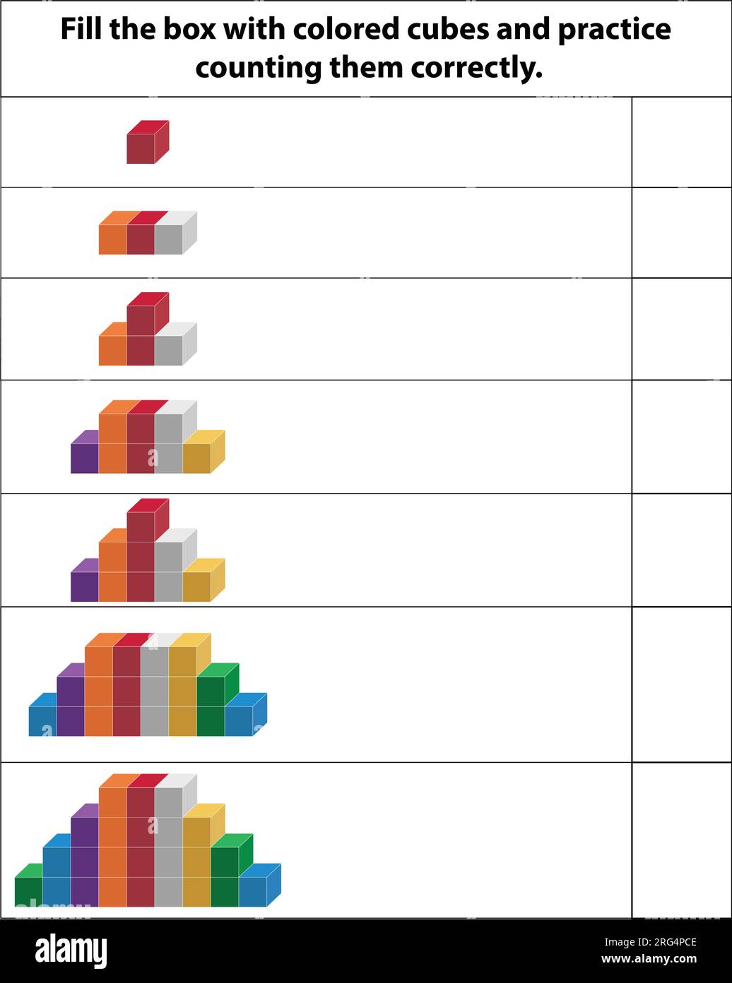 Übung zum Zählen von Farbwürfeln mit 3D Formen. Darstellung des Konturvektors. Mathematik einer geometrischen Figur. Stock Vektor