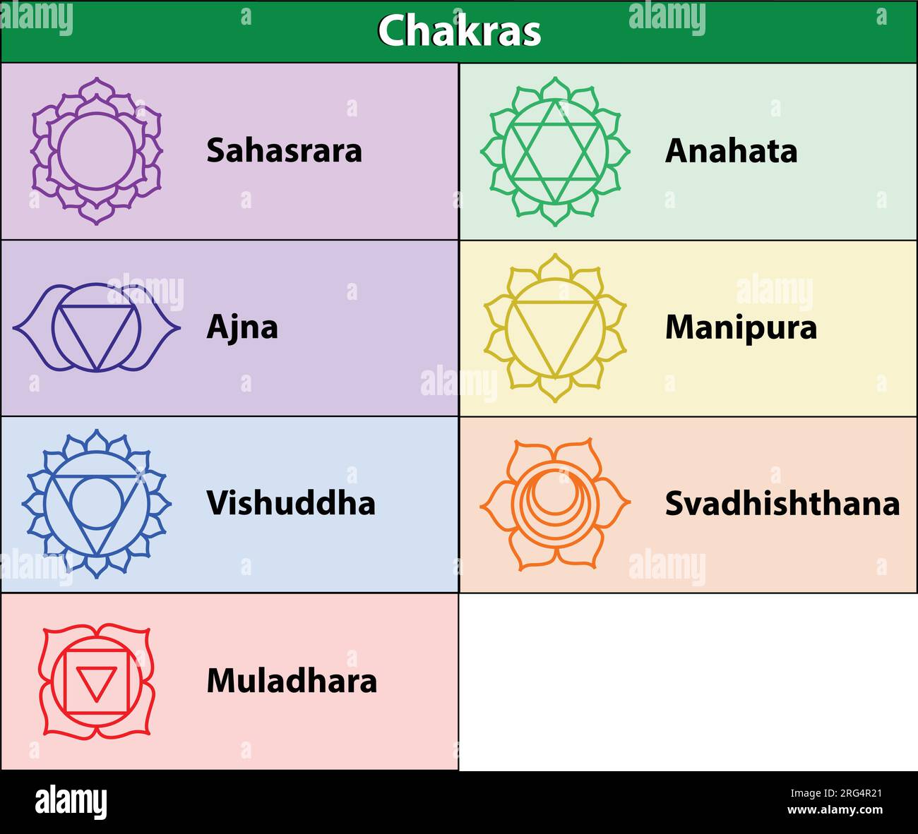 Die Sieben Chakras. Solide Charakterdarstellung von Hinduismus und Buddhismus. Farbige Yoga-Chakra-Symbole isoliert auf Weiß. Für Design, verbunden mit Yoga. Stock Vektor