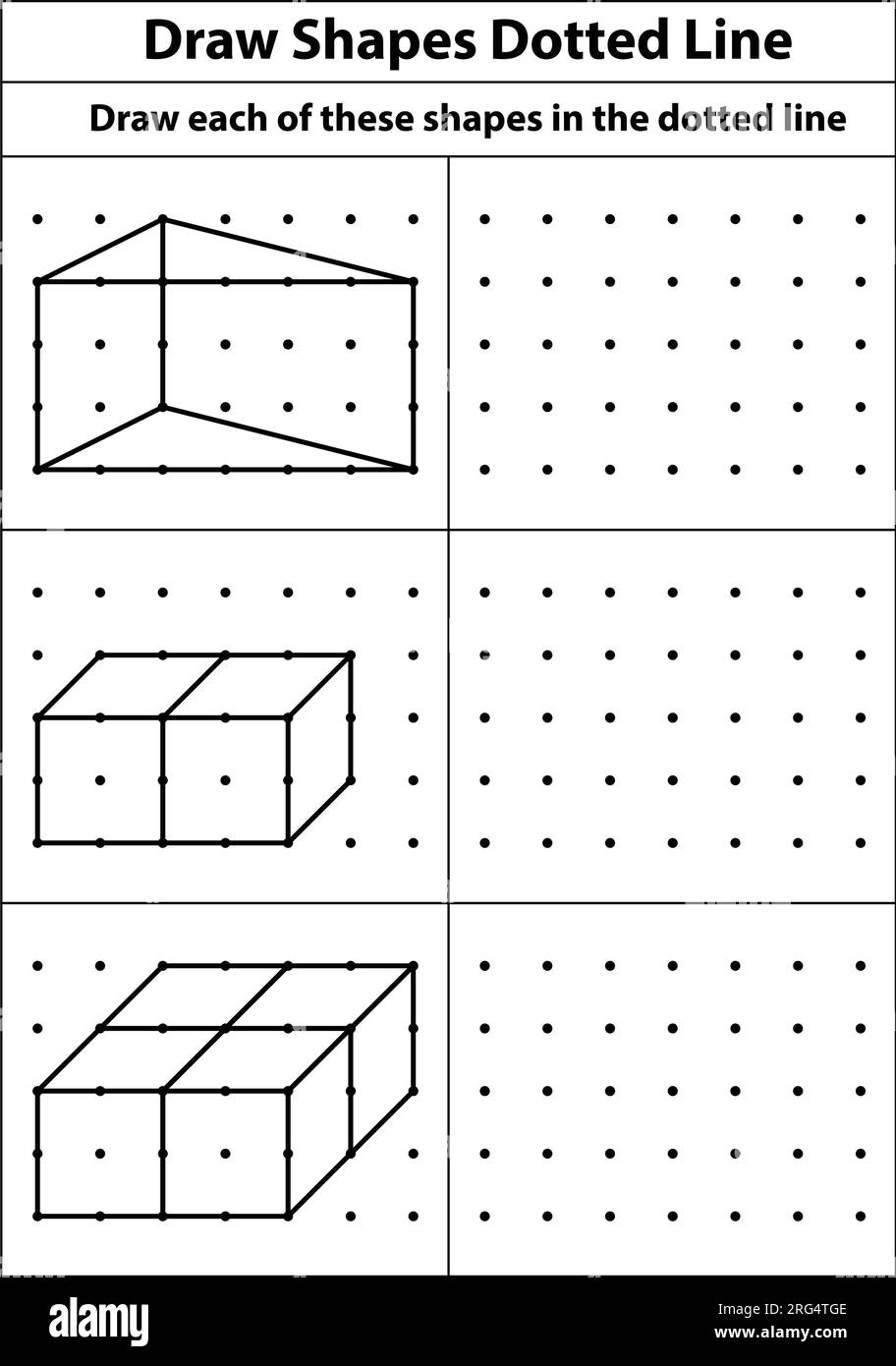 Übungsübung: Zeichnen Sie einen isometrischen Würfel auf jede dieser Formen mithilfe der gepunkteten Linien auf einem Punktraster. Strichzeichnung auf einem mathematischen Schulblatt Stock Vektor