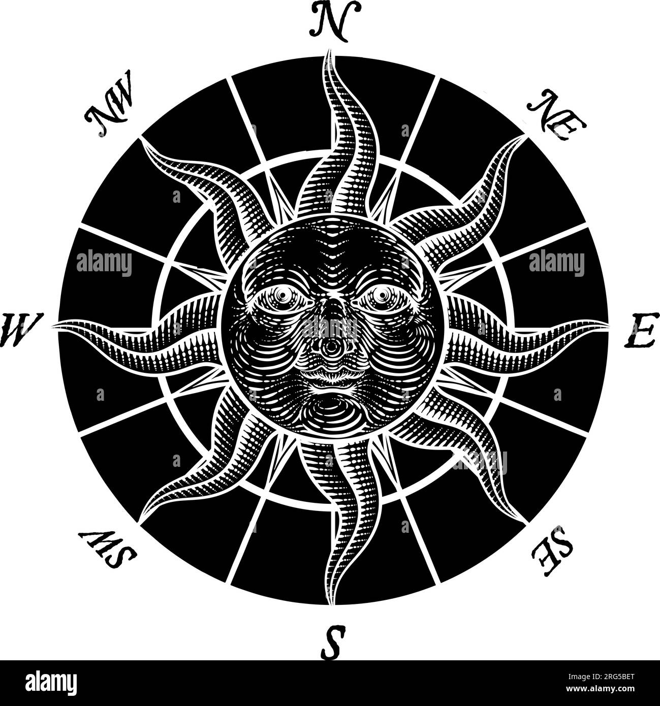 Kompass Sonne Gesicht Ätzrose Holzschnitt Zeichnung Stock Vektor