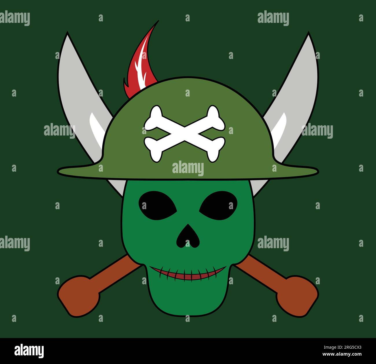 Schädelpirat mit gekreuzten Schwertern. Piratenkrieger-Schädel. Vektoren, Illustrationen, Symbole und Logos. Stock Vektor