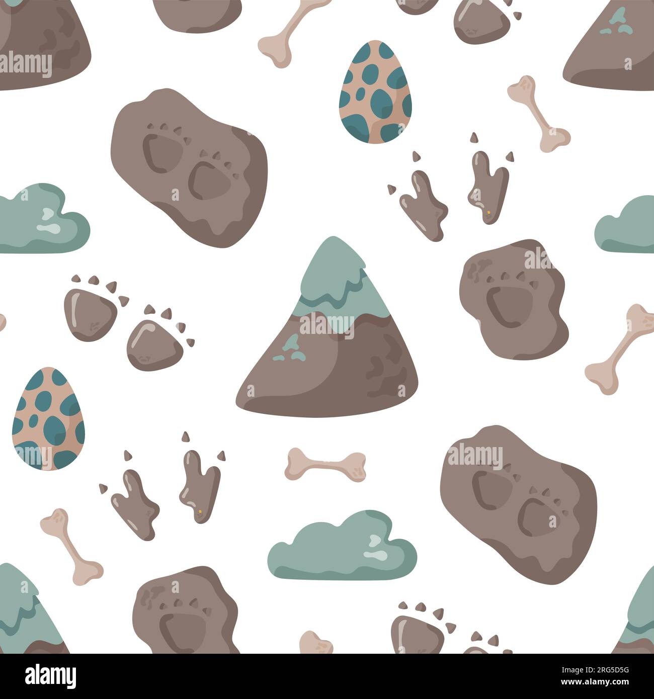 Nahtlose Muster-Fußabdrücke von Dinosauriern. Minimalistischer farbiger Hintergrund mit Pfoten, Steinen, Regenbogen. Nahtloses Muster mit Dinosaurierabdruck, perfekt für Stock Vektor