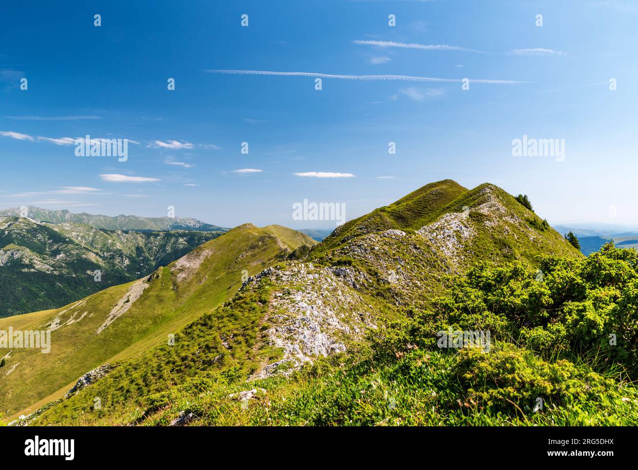 Schmaler Oslea-Gebirgskamm im Valcan-Gebirge mit höheren Retezat-Bergen im Hintergrund in Rumänien Stockfoto