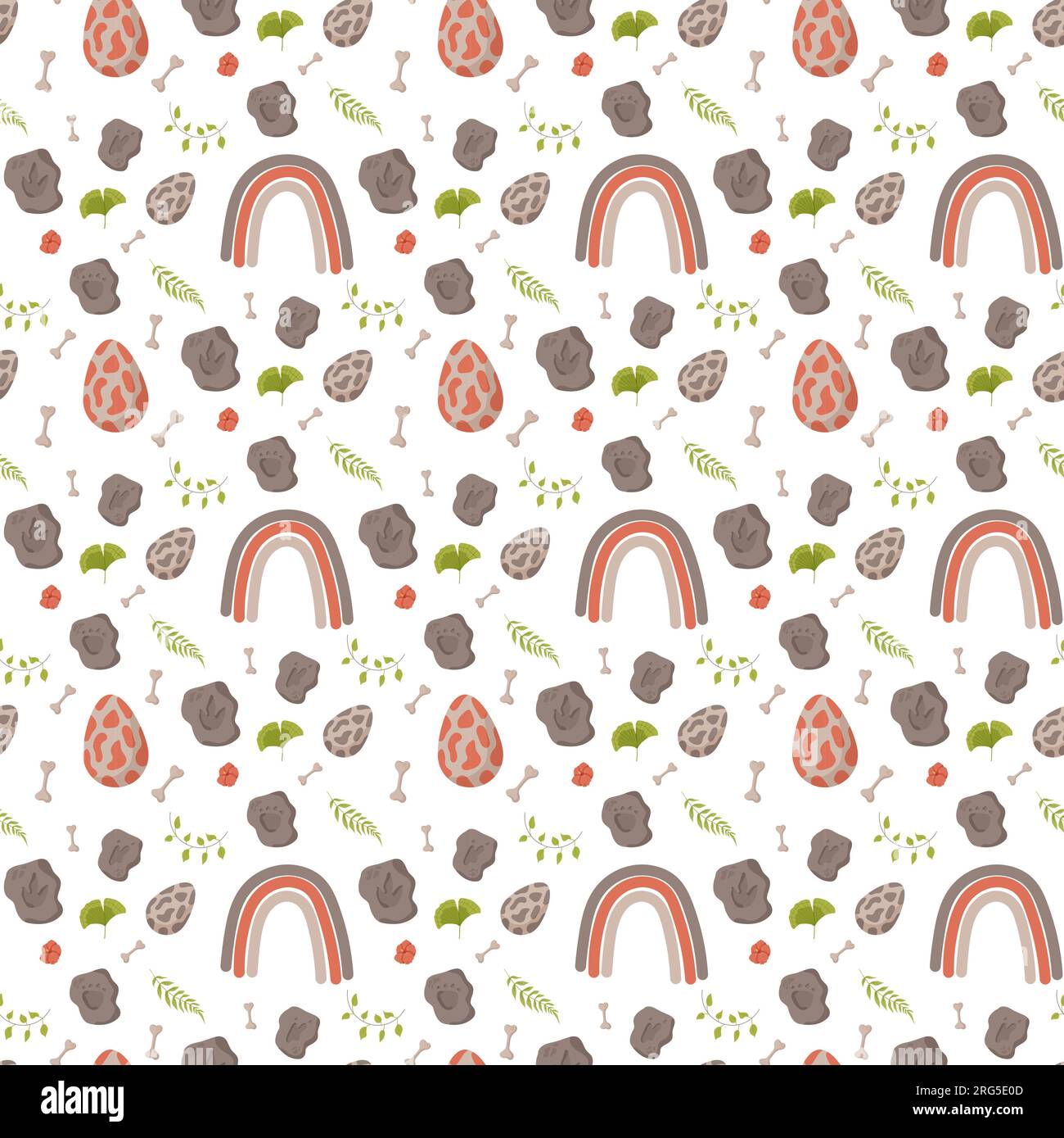 Nahtlose Muster-Fußabdrücke von Dinosauriern. Minimalistischer farbiger Hintergrund mit Pfoten, Steinen, Regenbogen. Nahtloses Muster mit Dinosaurierabdruck, perfekt für Stock Vektor