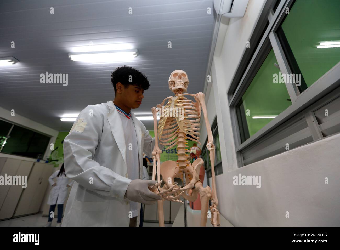 Itaju do colonia, bahia, brasilien - 23. juli 2023: Schüler neben einem menschlichen Skelett in einem Klassenzimmer einer öffentlichen Schule in Bahia. Stockfoto