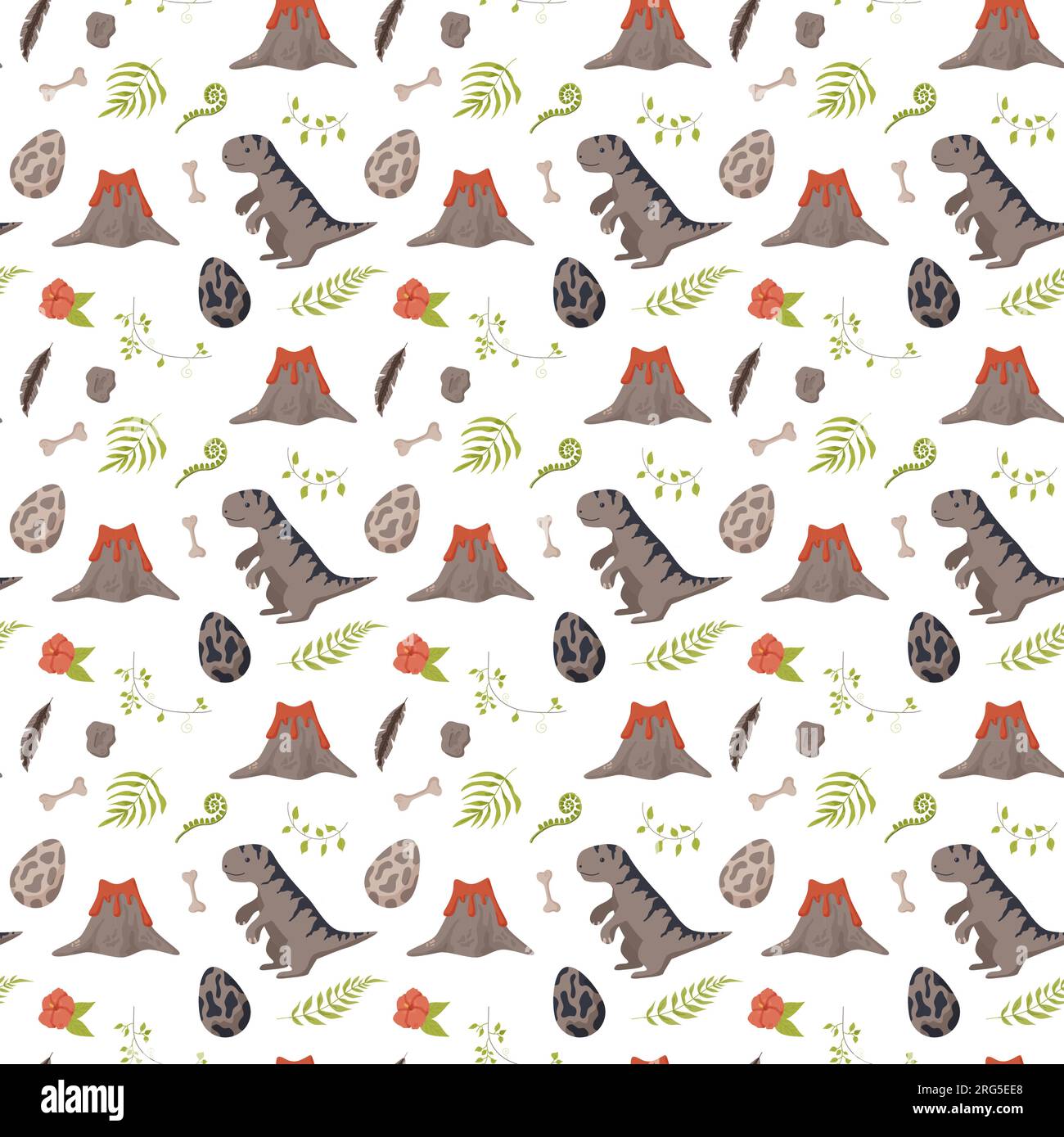 Nahtlose Muster-Fußabdrücke von Dinosauriern. Minimalistischer farbiger Hintergrund mit Pfoten, Steinen, Regenbogen. Nahtloses Muster mit Dinosaurierabdruck, perfekt für Stock Vektor