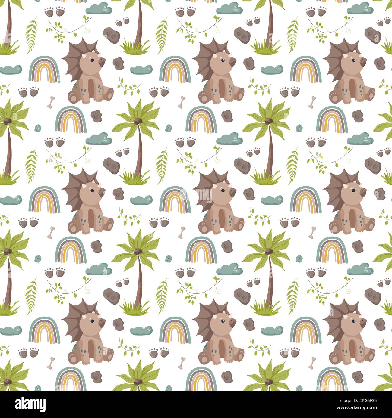 Nahtlose Muster-Fußabdrücke von Dinosauriern. Minimalistischer farbiger Hintergrund mit Pfoten, Steinen, Regenbogen. Nahtloses Muster mit Dinosaurierabdruck, perfekt für Stock Vektor