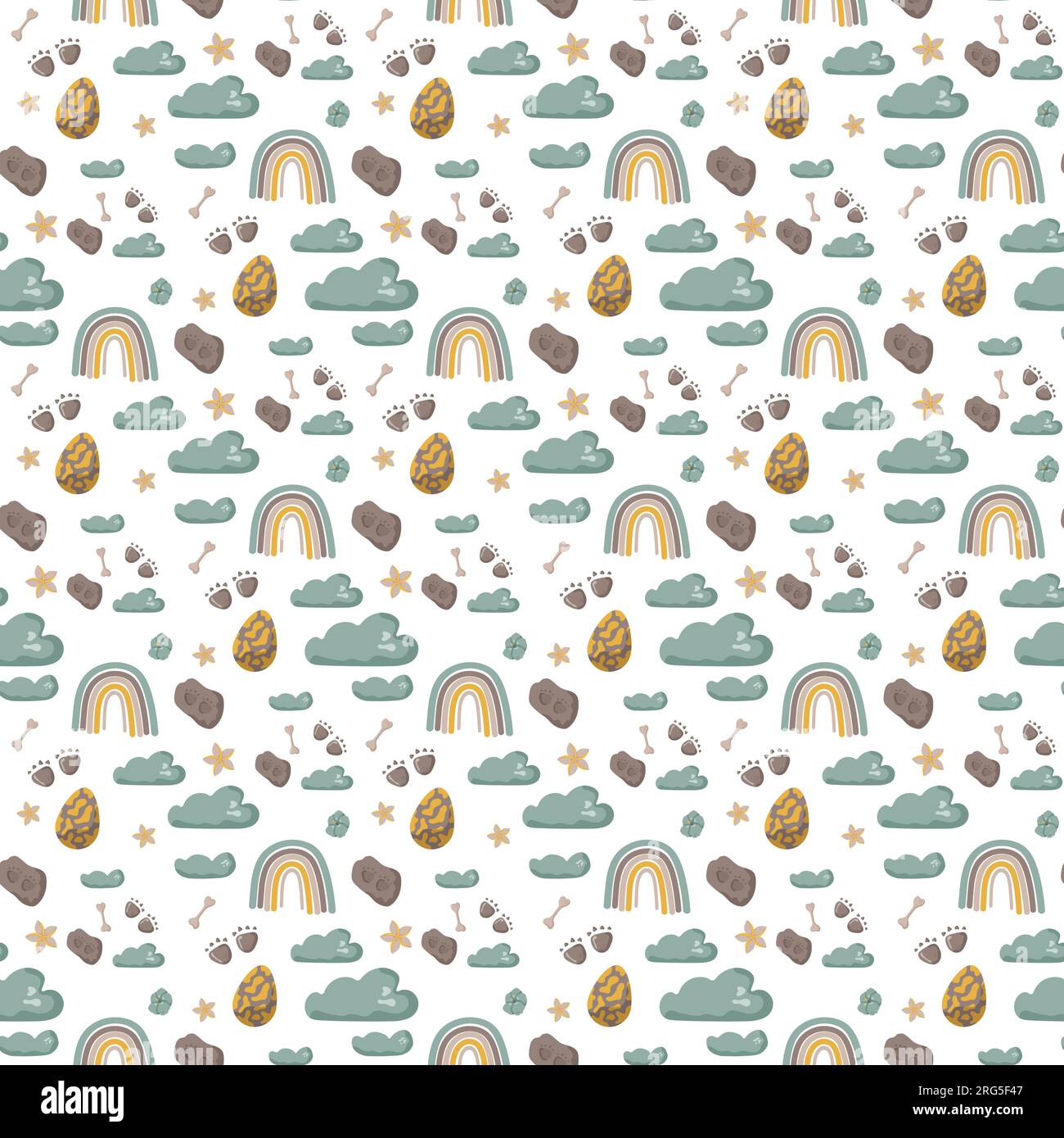 Nahtlose Muster-Fußabdrücke von Dinosauriern. Minimalistischer farbiger Hintergrund mit Pfoten, Steinen, Regenbogen. Nahtloses Muster mit Dinosaurierabdruck, perfekt für Stock Vektor Nahtlose Muster-Fußabdrücke von Dinosauriern. Minimalistischer farbiger Hintergrund mit Pfoten, Steinen, Regenbogen. Nahtloses Muster mit Dinosaurierabdruck, perfekt für Stock Vektor