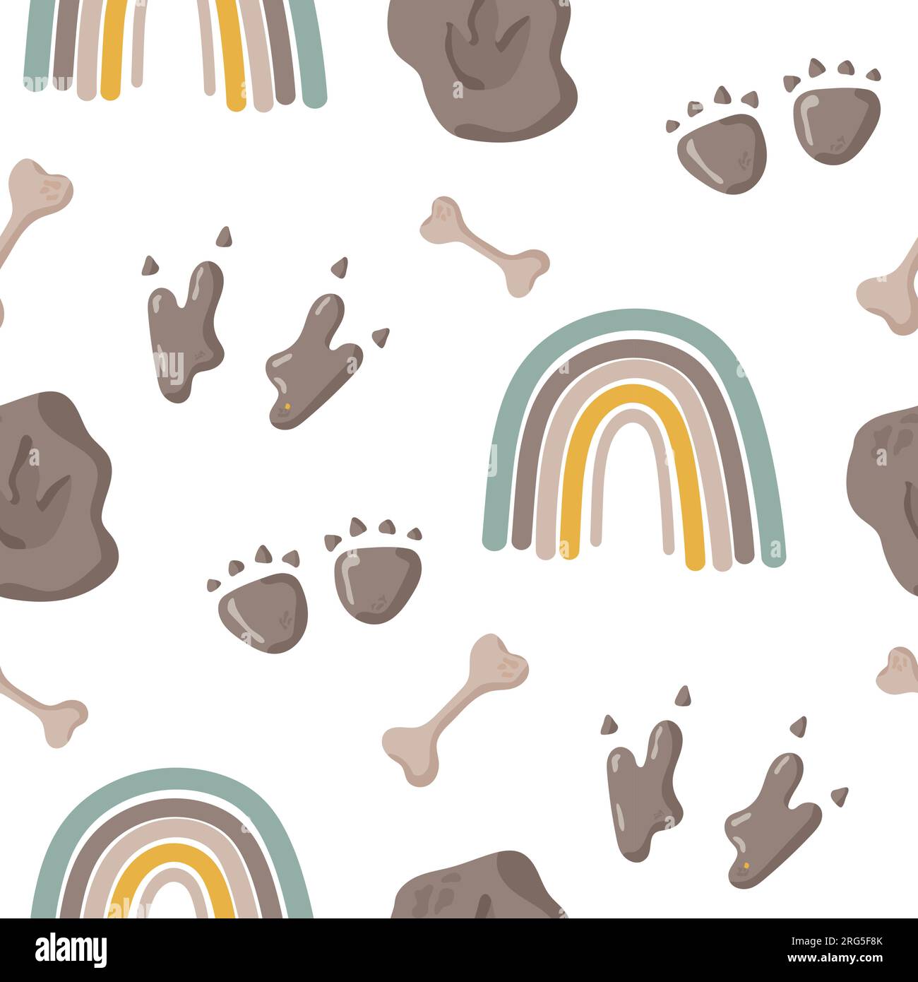 Nahtlose Muster-Fußabdrücke von Dinosauriern. Minimalistischer farbiger Hintergrund mit Pfoten, Steinen, Regenbogen. Nahtloses Muster mit Dinosaurierabdruck, perfekt für Stock Vektor